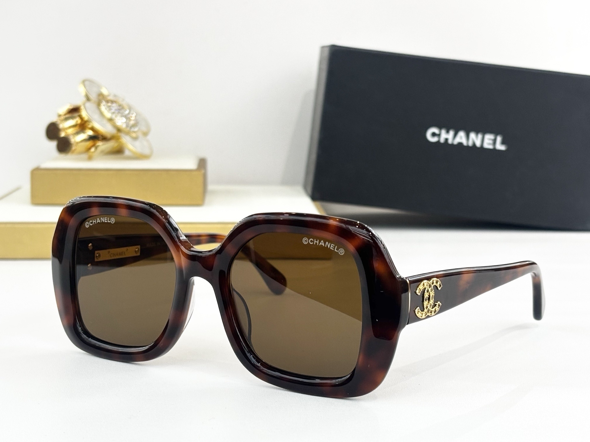 Chanel Luxury Oversized Square Sunglasses with Crystal CC Logo