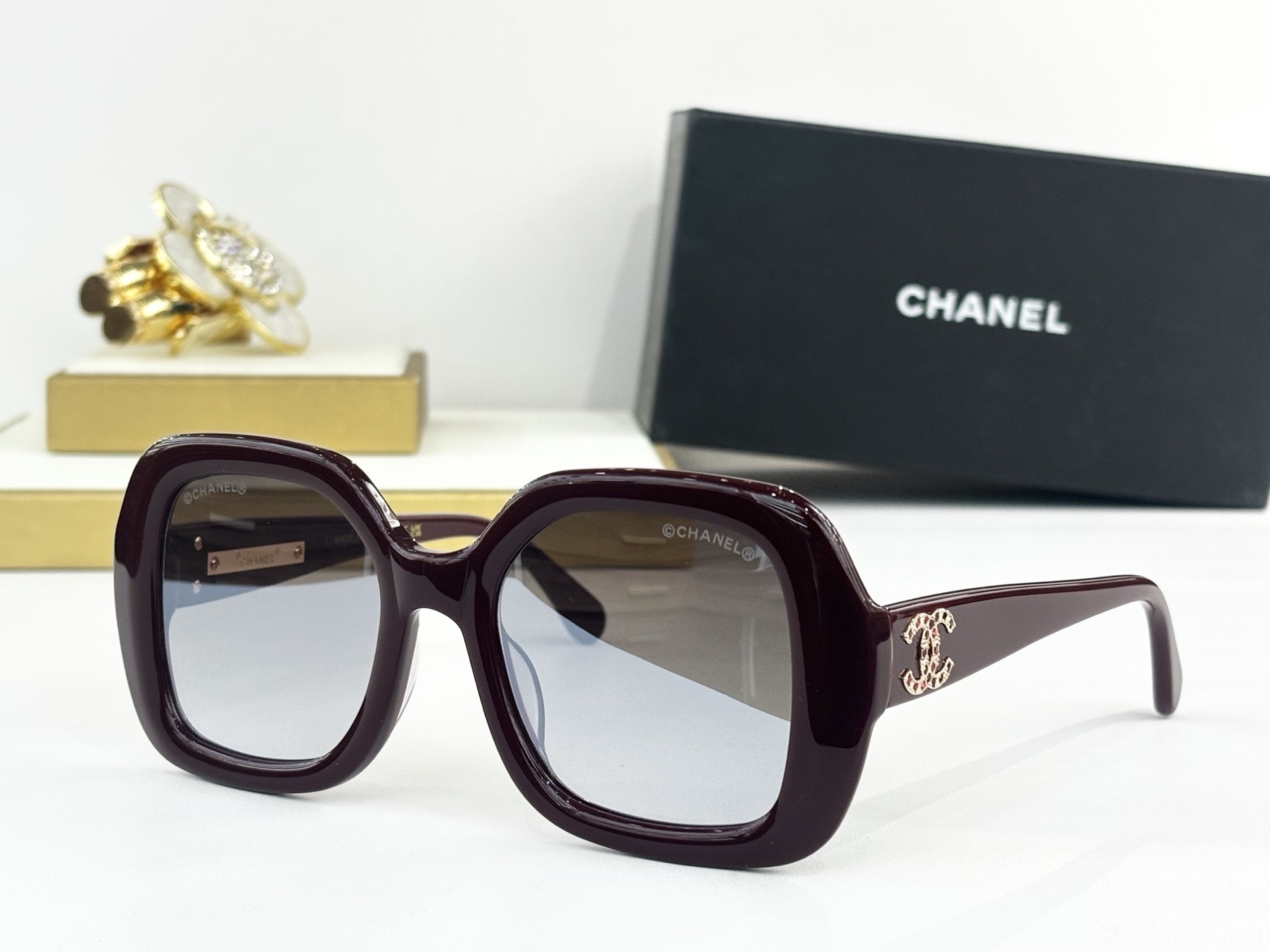 Chanel Luxury Oversized Square Sunglasses with Crystal CC Logo