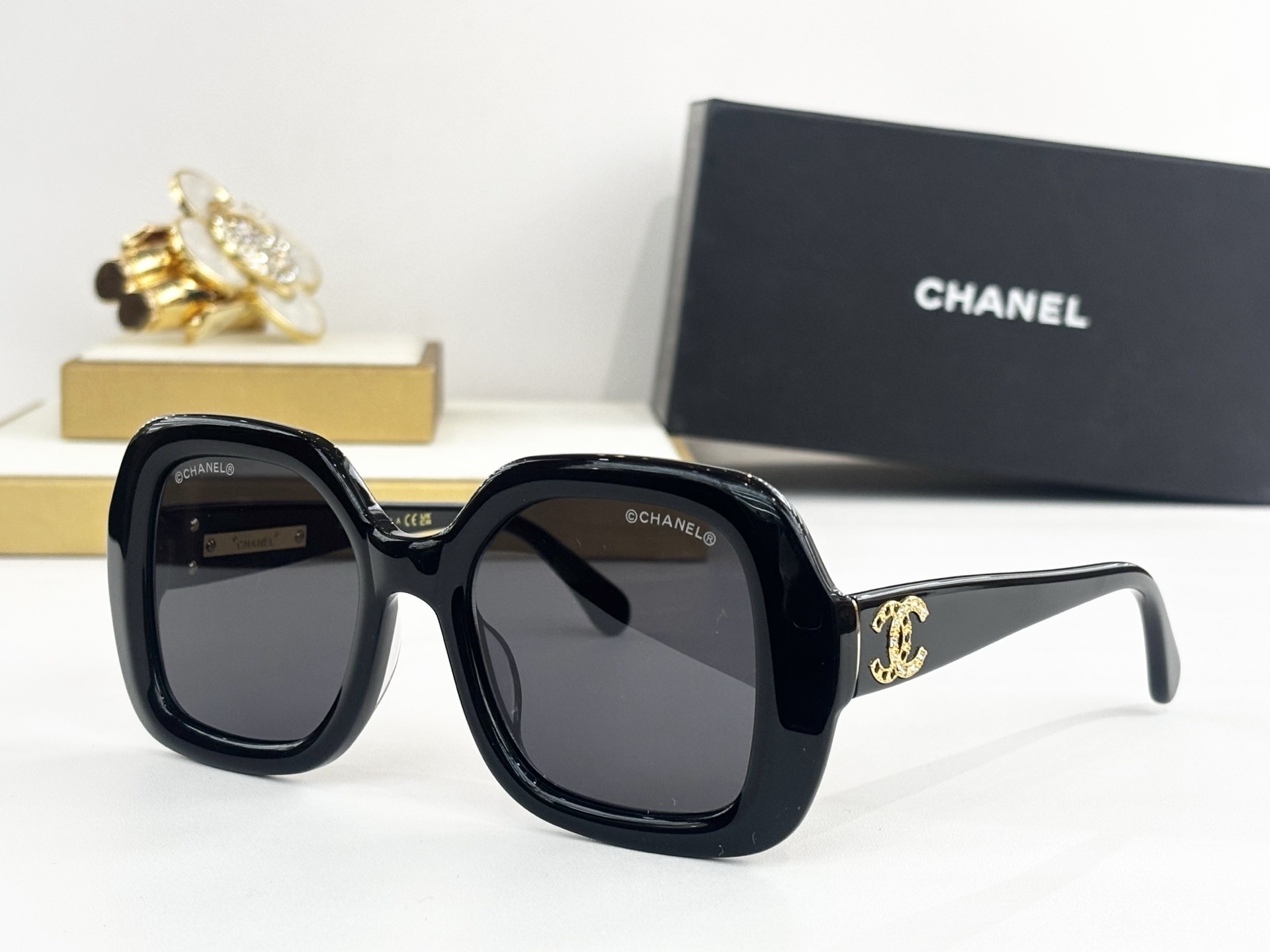 Chanel Luxury Oversized Square Sunglasses with Crystal CC Logo