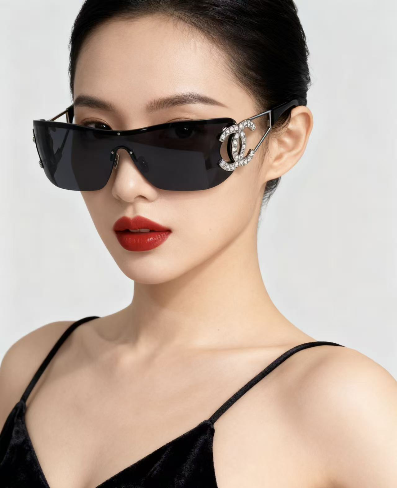 Chanel Crystal CC Logo Shield Sunglasses – Elegant Black & Silver