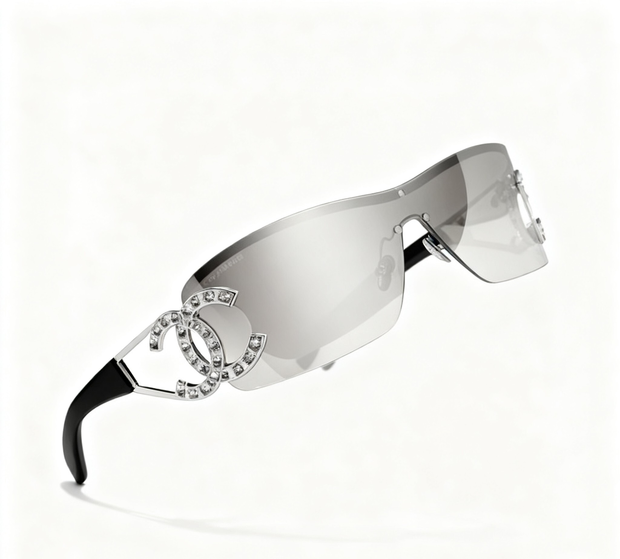 Chanel Crystal CC Logo Shield Sunglasses – Elegant Black & Silver