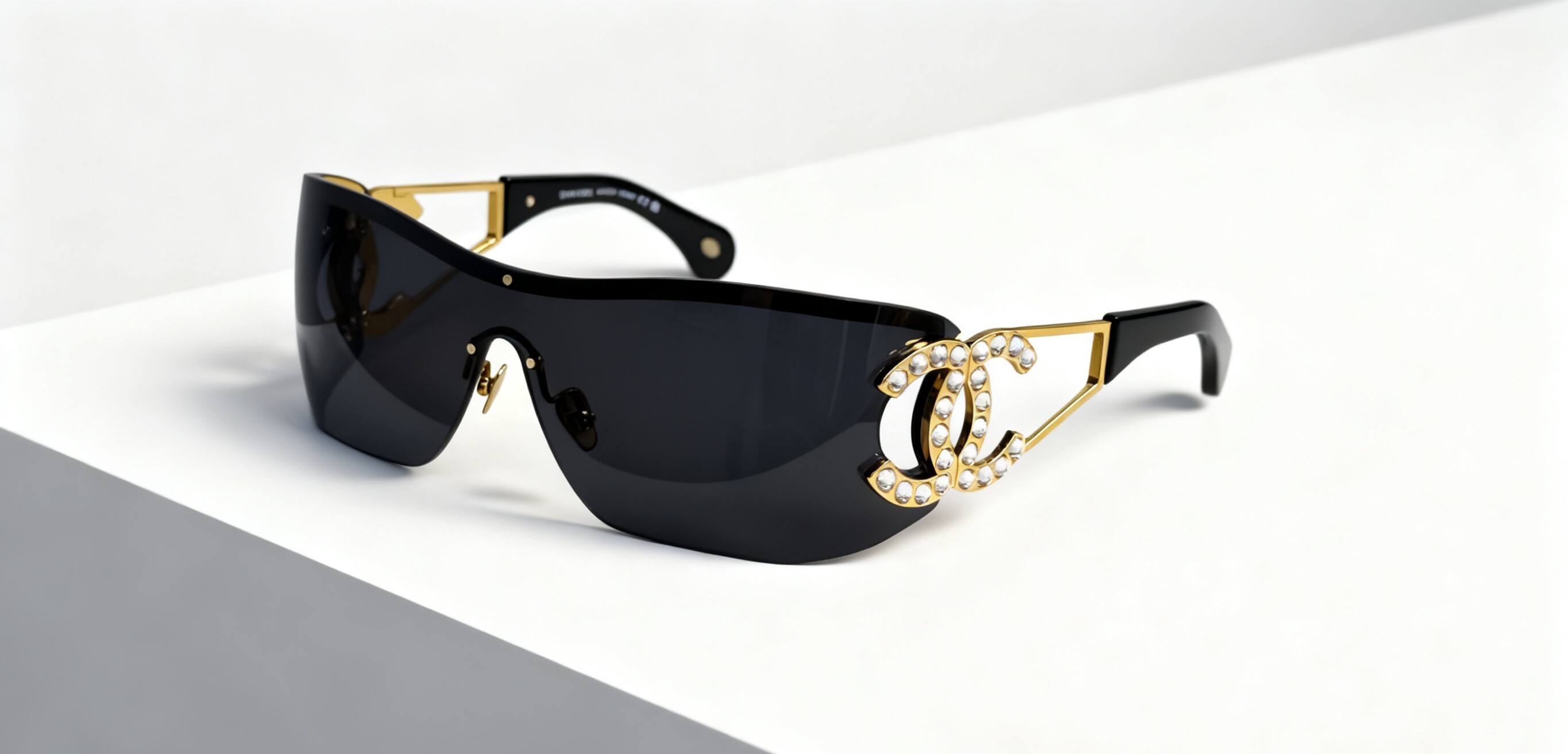 Chanel Crystal CC Logo Shield Sunglasses – Elegant Black & Silver