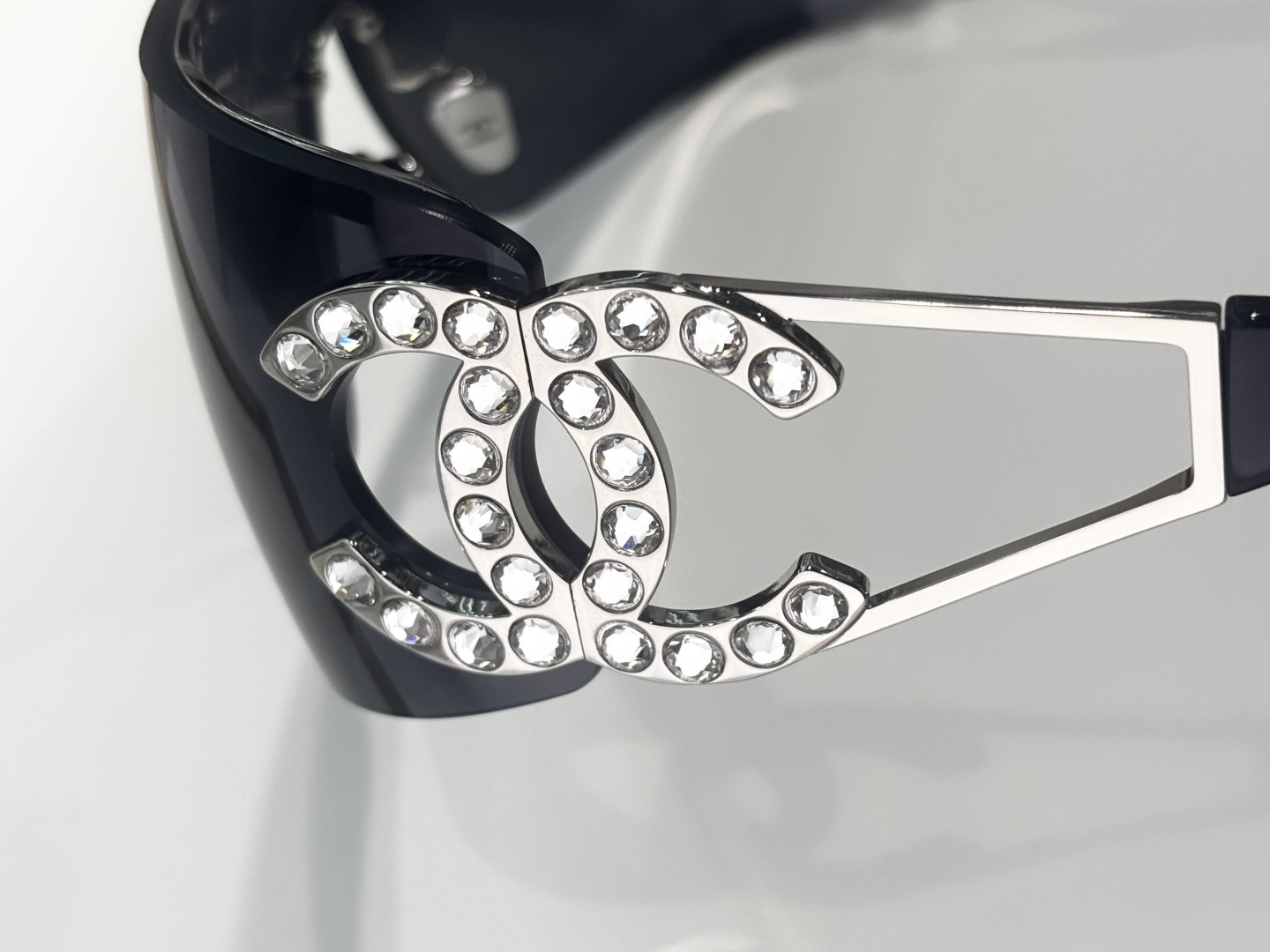 Chanel Shield Sunglasses with Crystal CC Logo Rimless Design