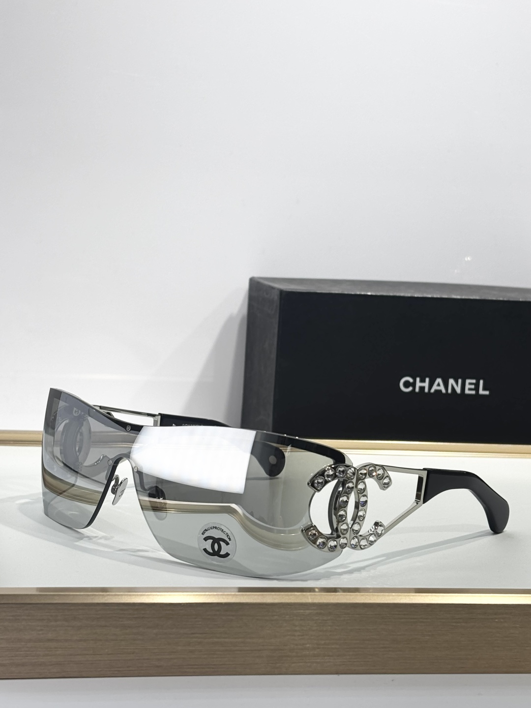 rhinestone Chanel Silver Shield Sunglasses – Chanel Silver Shield