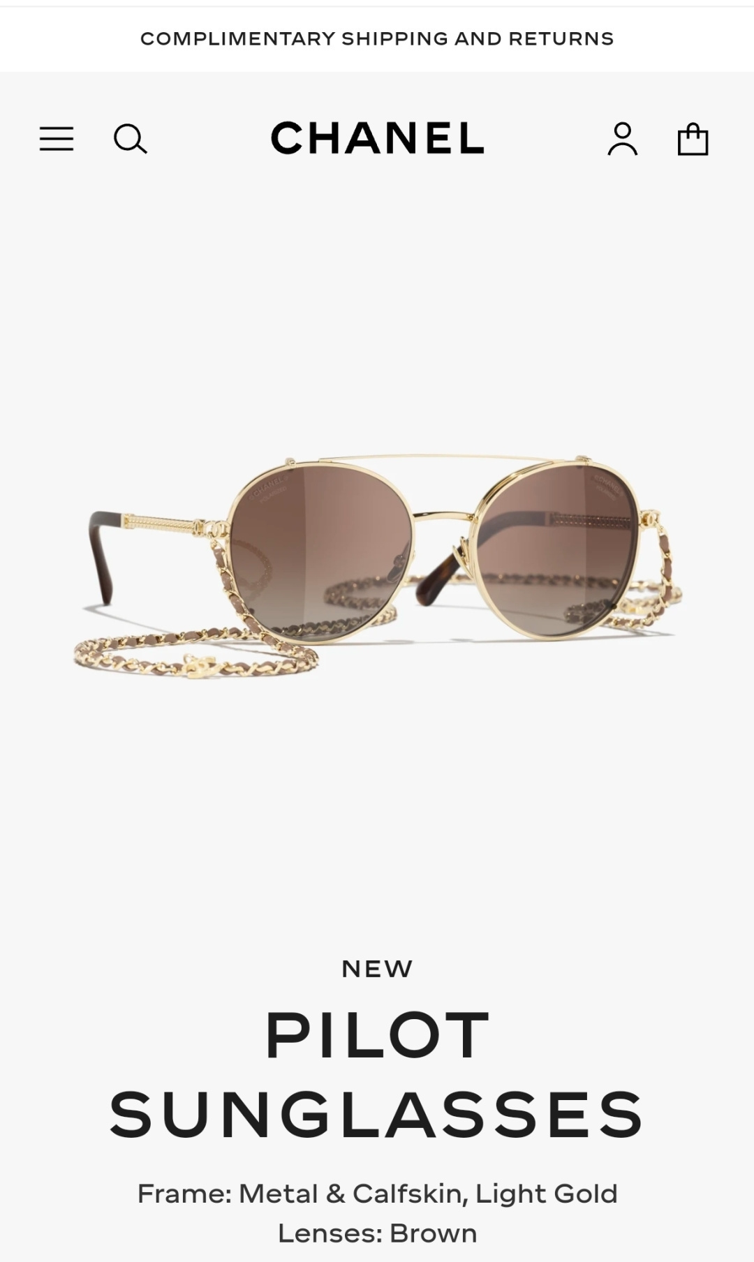 Chanel Pilot Sunglasses – Light Gold Metal & Calfskin with Chain