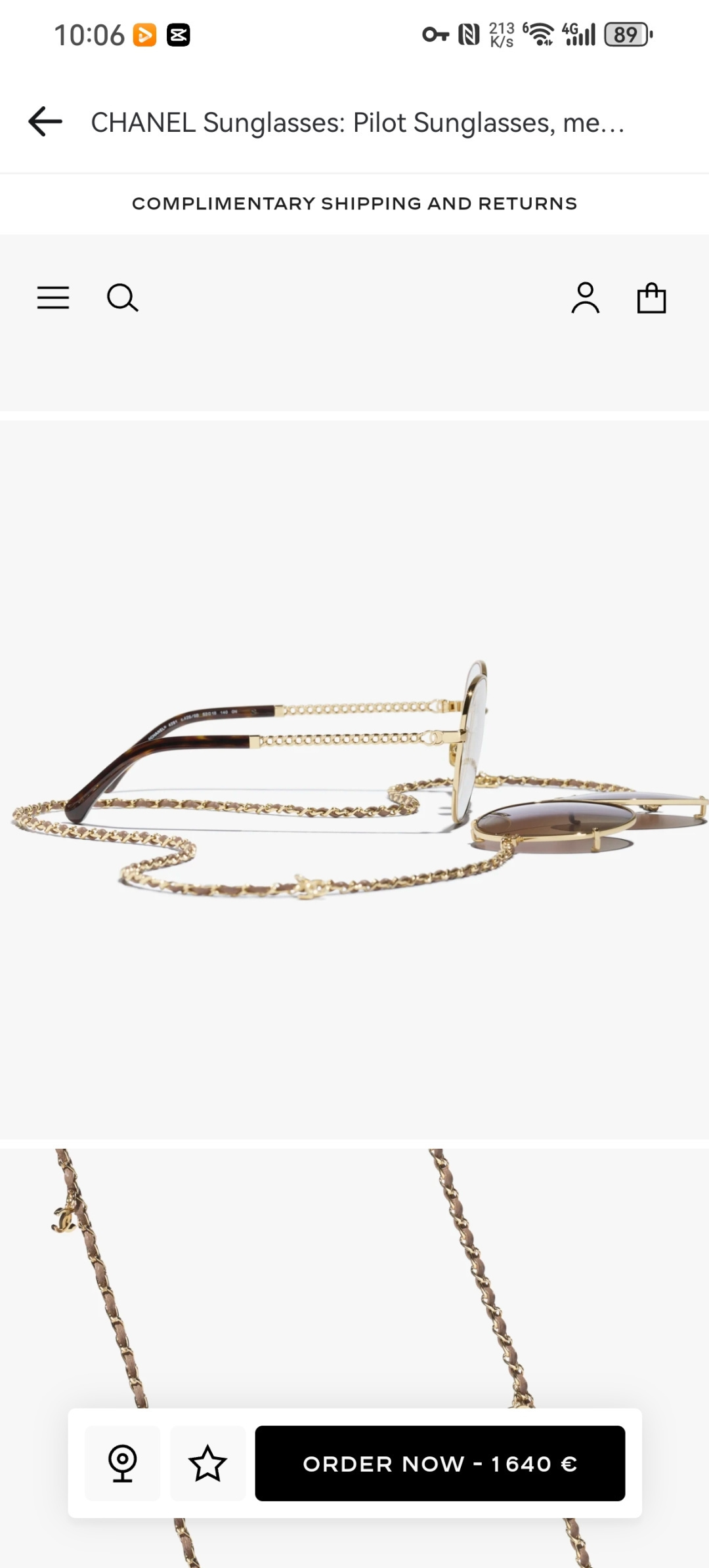 Chanel Pilot Sunglasses – Light Gold Metal & Calfskin with Chain
