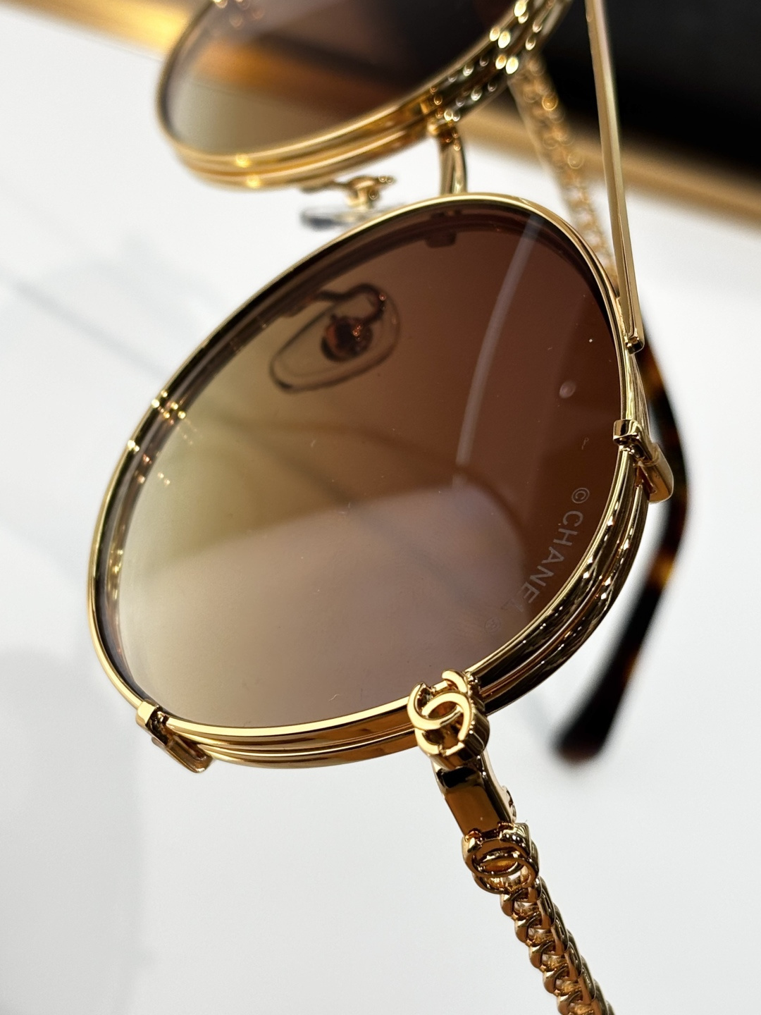 Chanel Luxury Round Gold Sunglasses with Clip-on Gradient Lenses