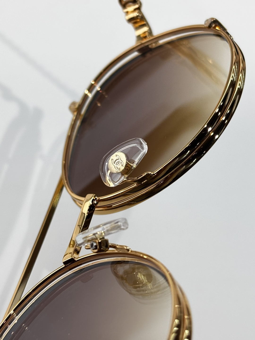 Chanel Luxury Round Gold Sunglasses with Clip-on Gradient Lenses