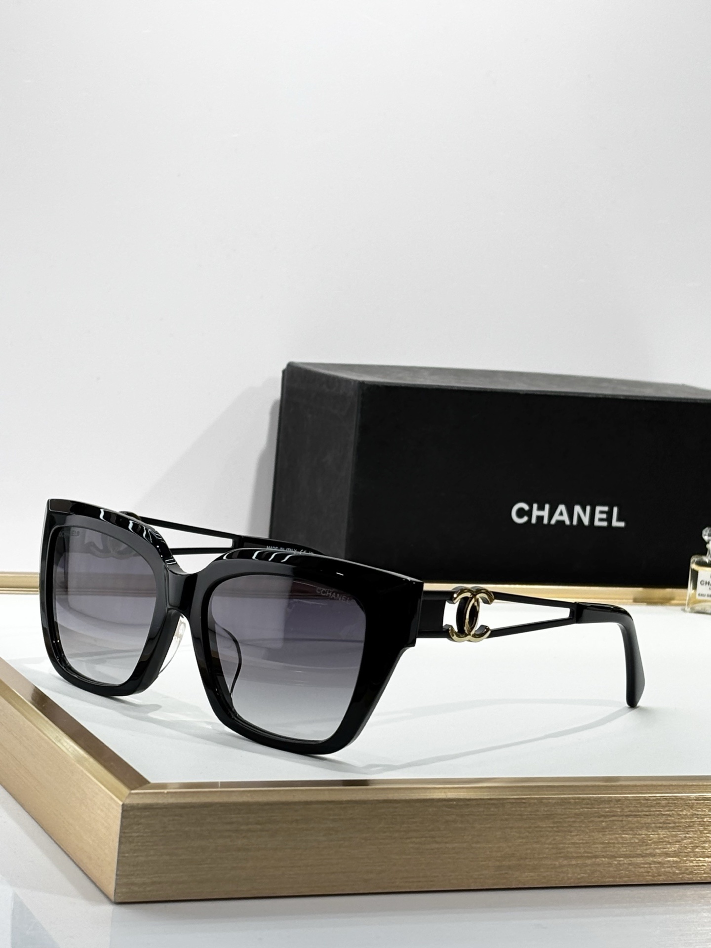 Chanel Luxury Square Sunglasses for Women with Gold CC Logo Temples