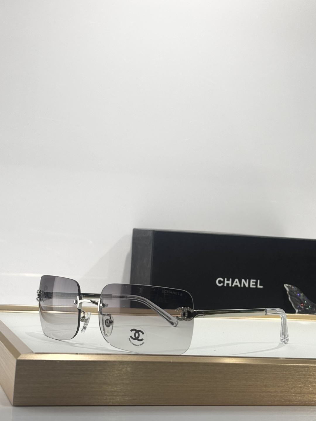 Luxury Chanel Rimless Sunglasses – Crystal CC Logo Gradient
