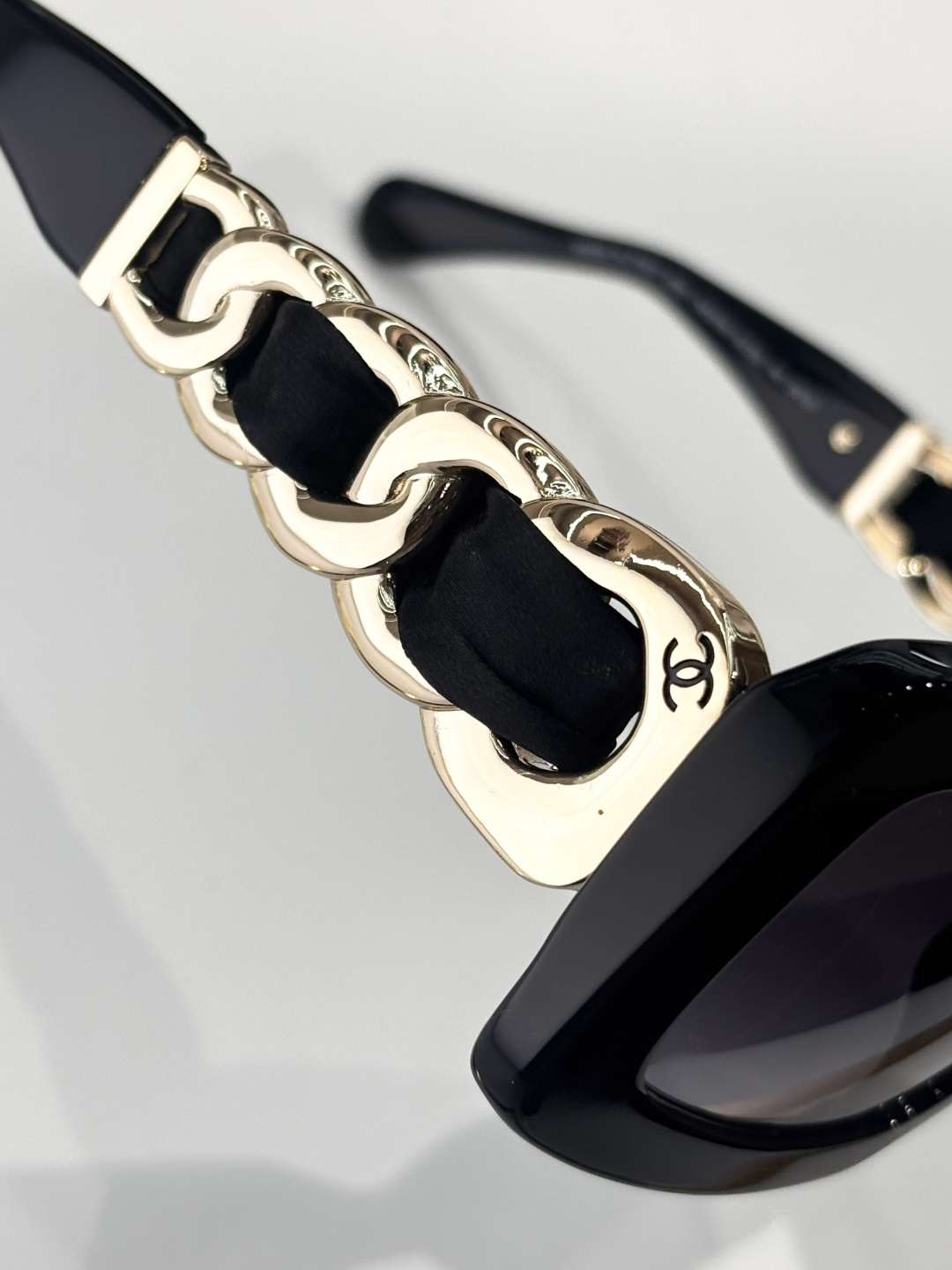 Chanel Black Rectangular Sunglasses with Gold Chain Details