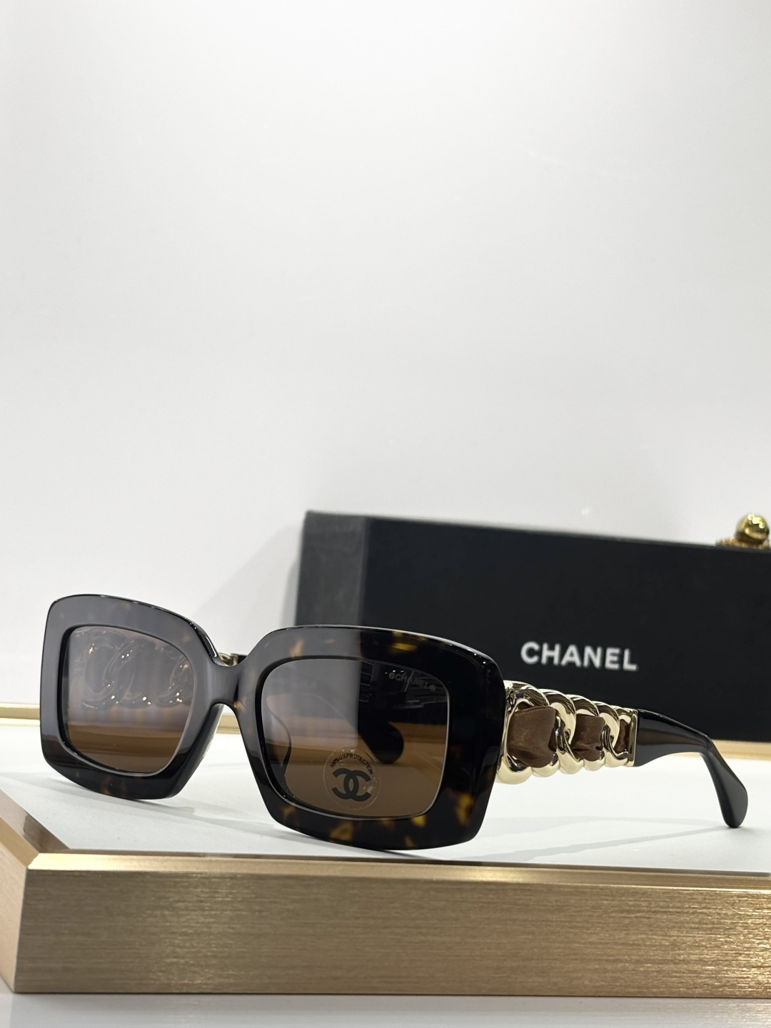 Chanel Oversized Square Sunglasses with Elegant Gold Chain Detail