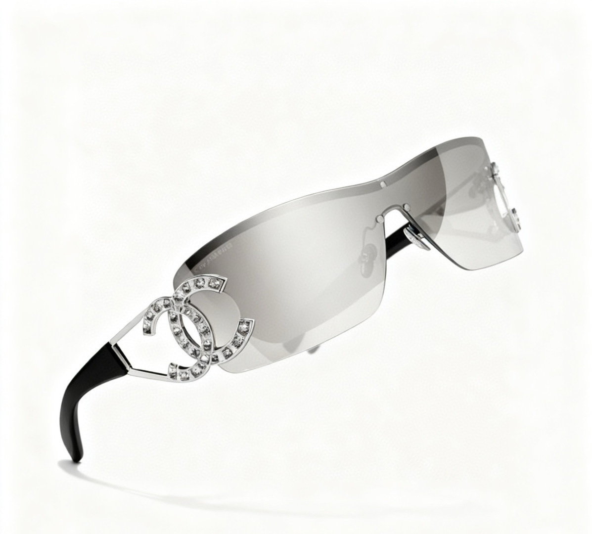 Luxury Crystal CC Rimless Shield Sunglasses – Silver Mirror Wrap