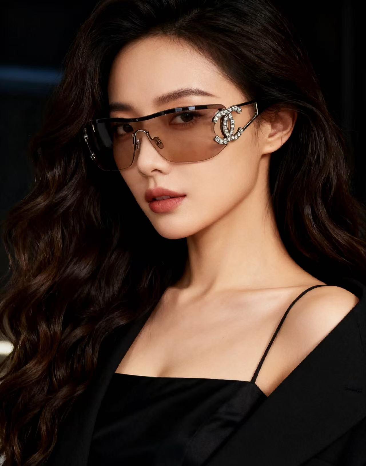 Chanel Luxury Shield Sunglasses with Crystal CC Logo – Y2K Style