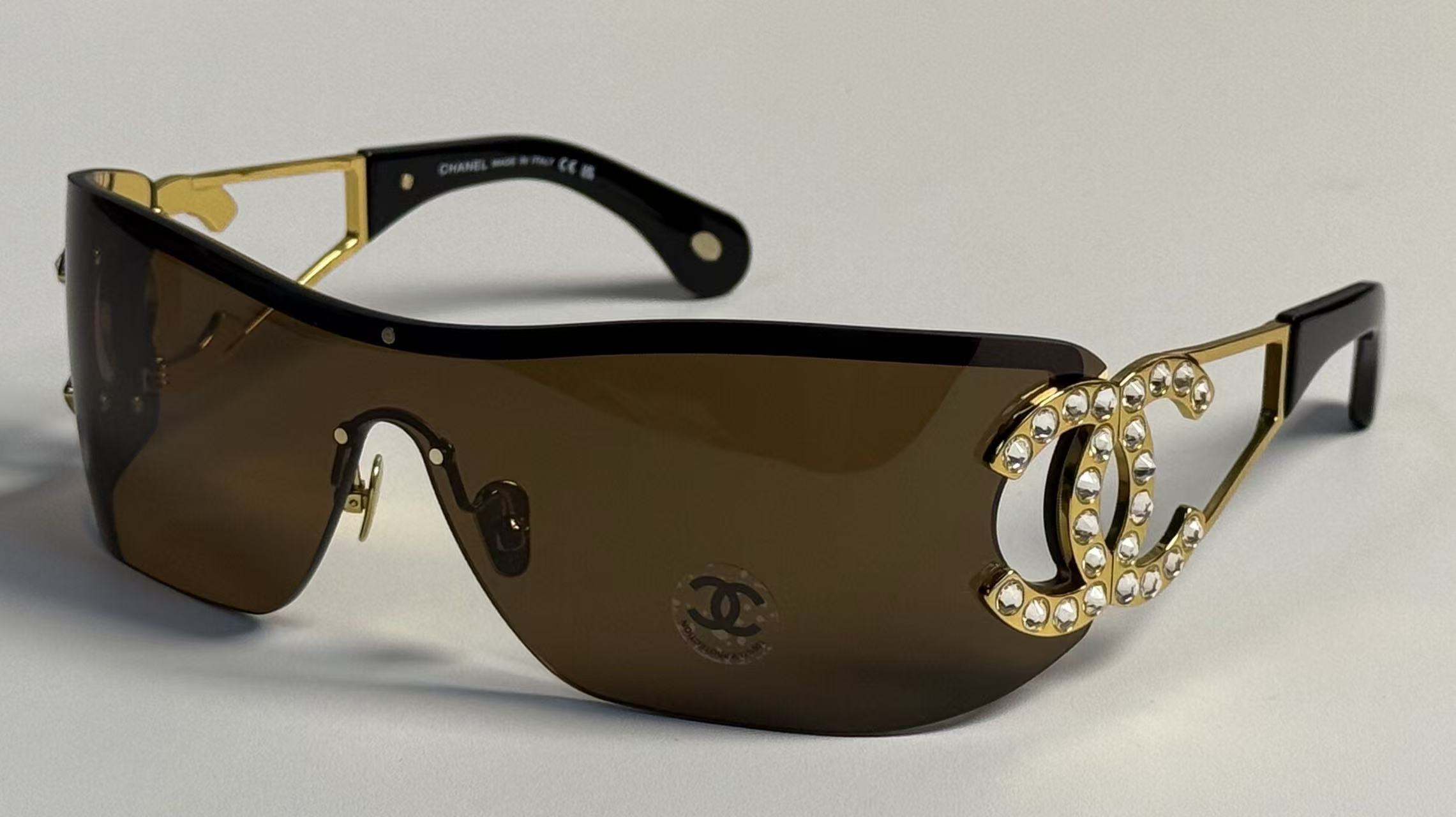 Chanel Luxury Shield Sunglasses with Crystal CC Logo – Y2K Style