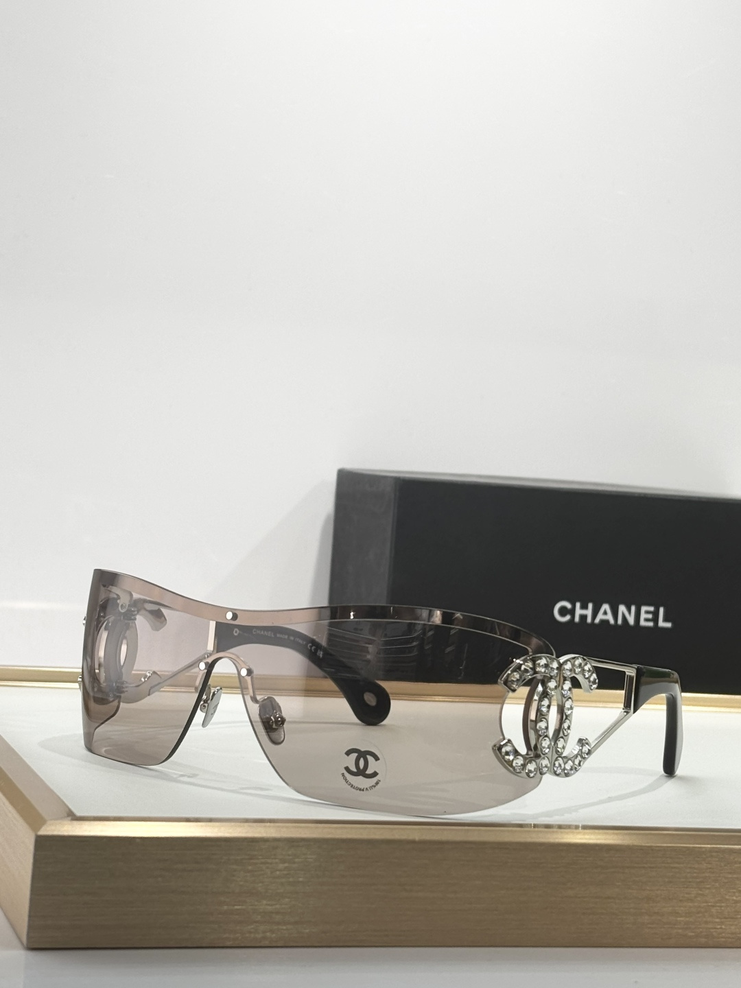 Chanel Shield Sunglasses with Crystal CC Logo Designer Eyewear