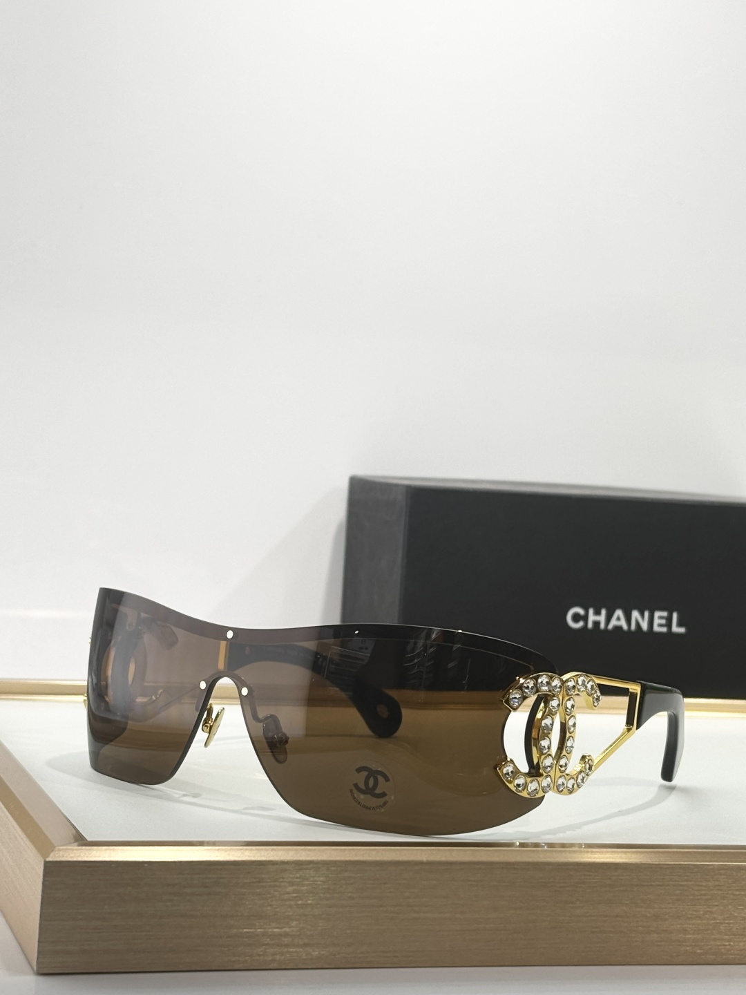 Chanel Shield Sunglasses with Crystal CC Logo Designer Eyewear