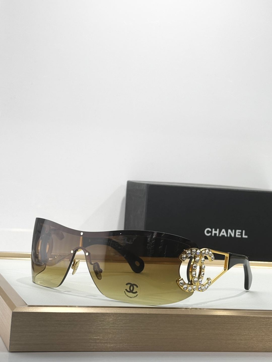 Chanel Shield Sunglasses with Crystal CC Logo Designer Eyewear
