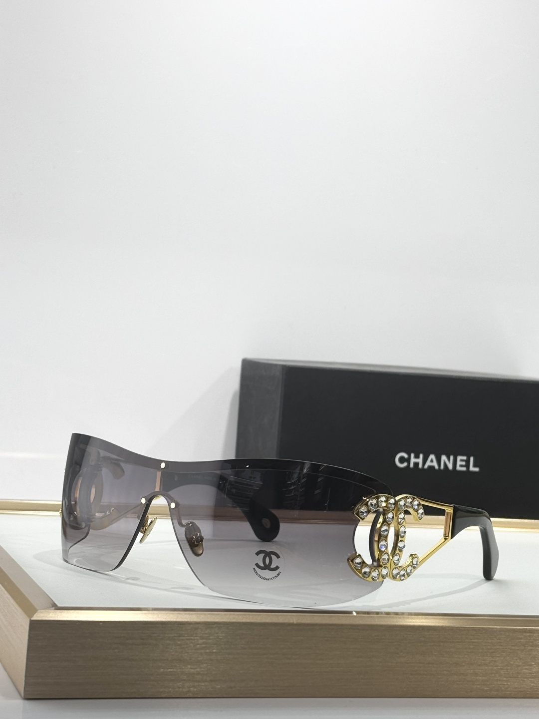 Chanel Shield Sunglasses with Crystal CC Logo Designer Eyewear