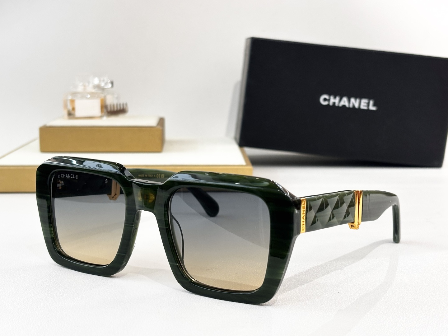 Chanel Oversized Square Sunglasses with Quilted Gold Temples