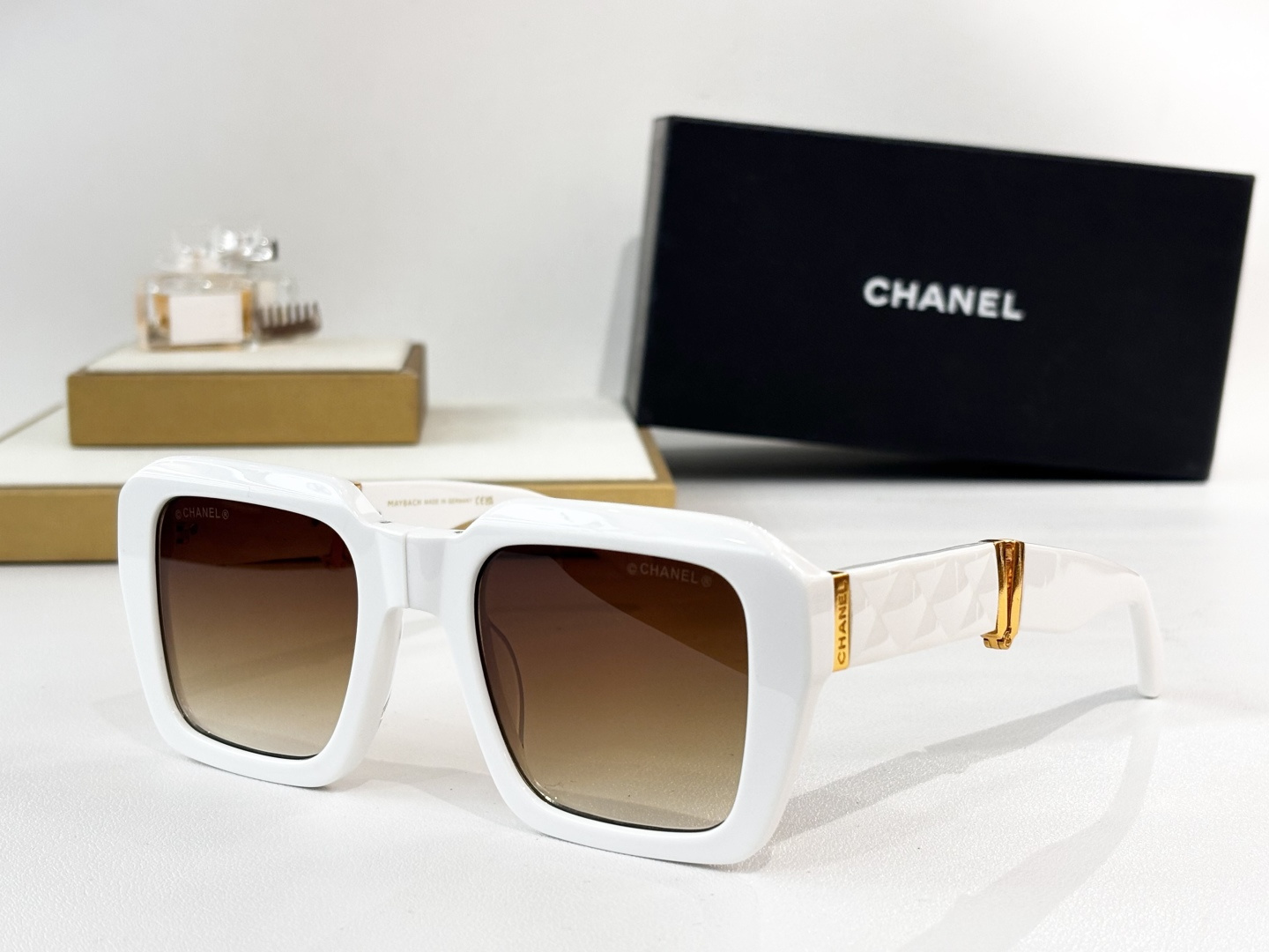 Chanel Oversized Square Sunglasses with Quilted Gold Temples