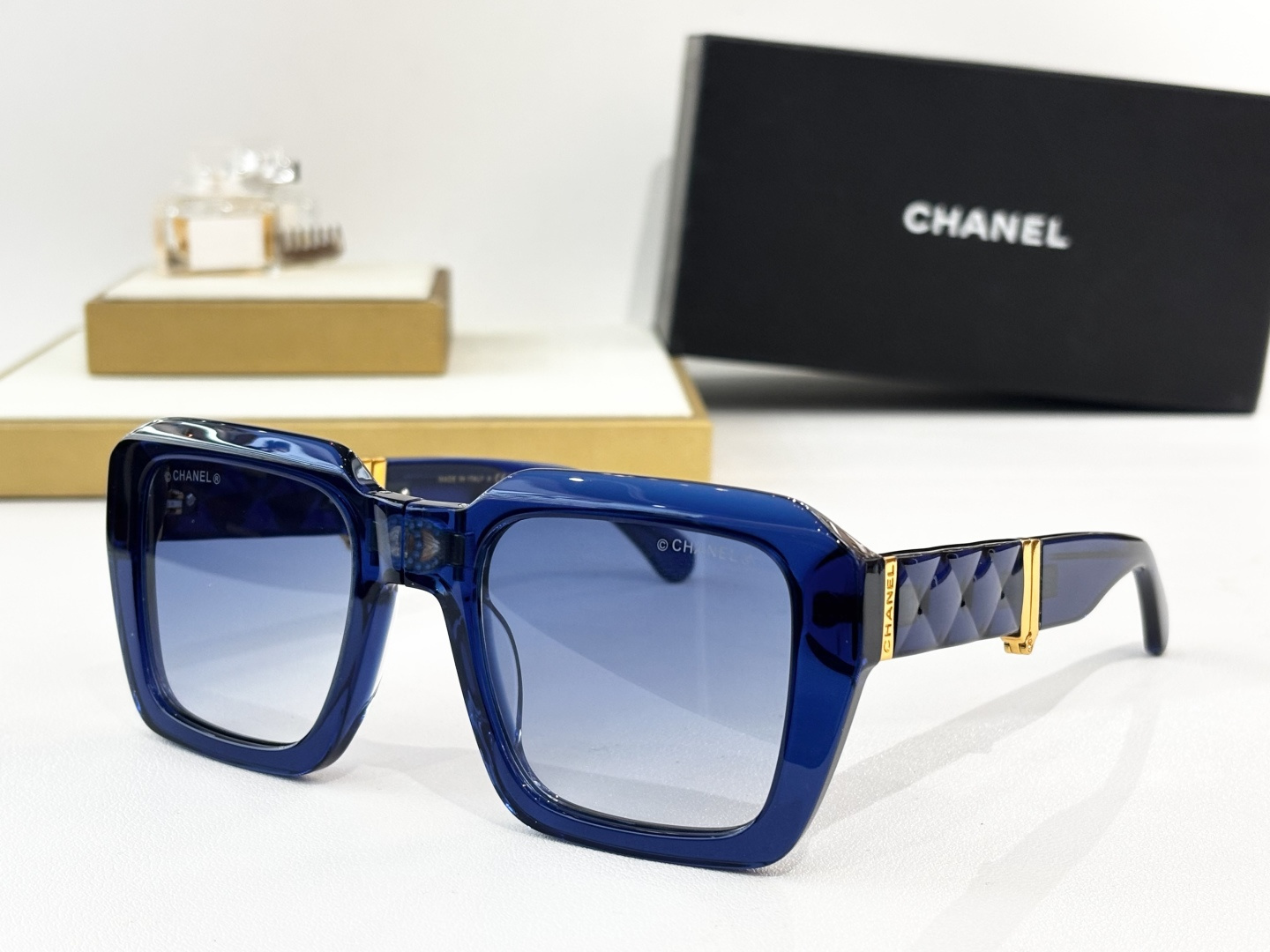 Chanel Oversized Square Sunglasses with Quilted Gold Temples