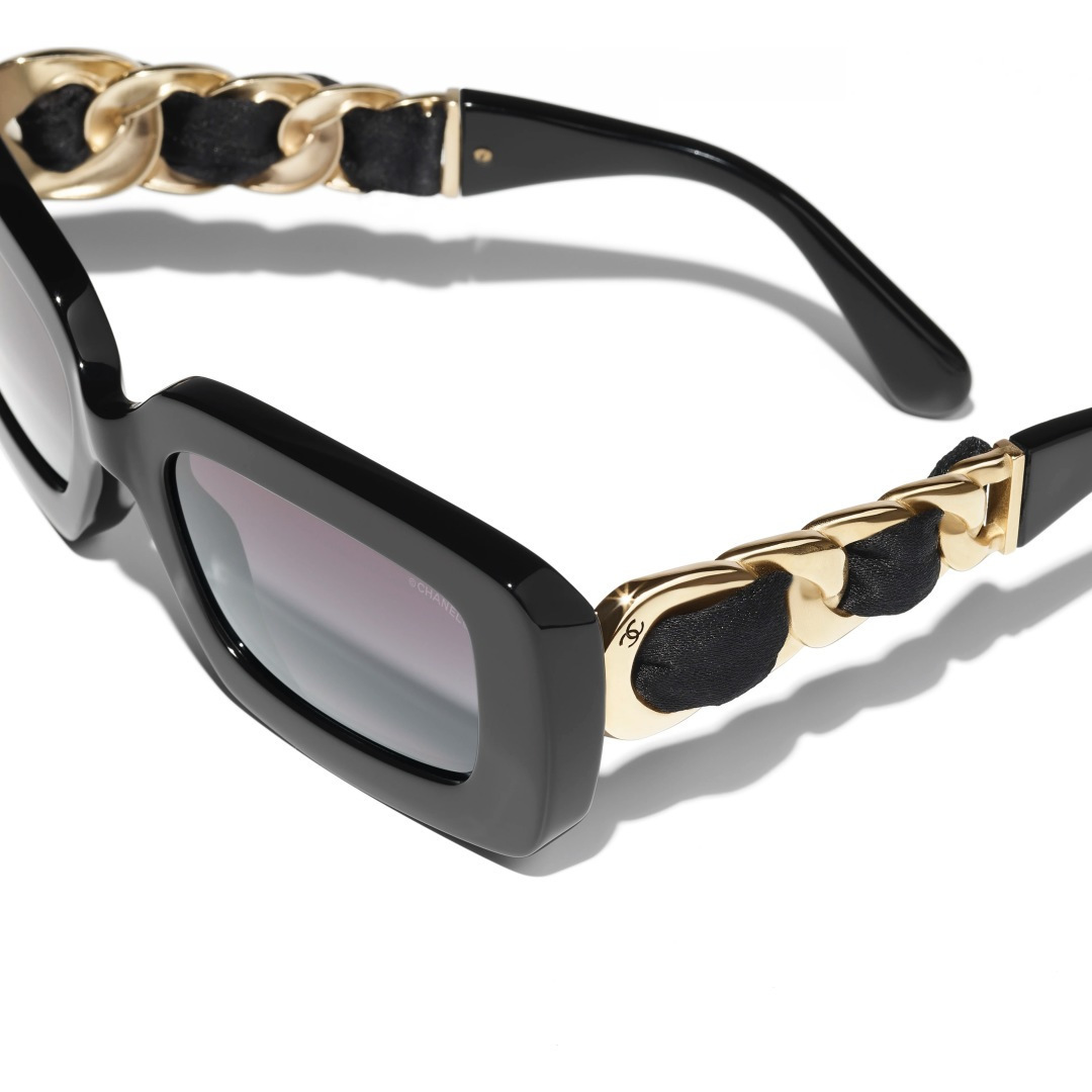 Chanel Black Rectangle Sunglasses with Gold-Tone Chain Temples
