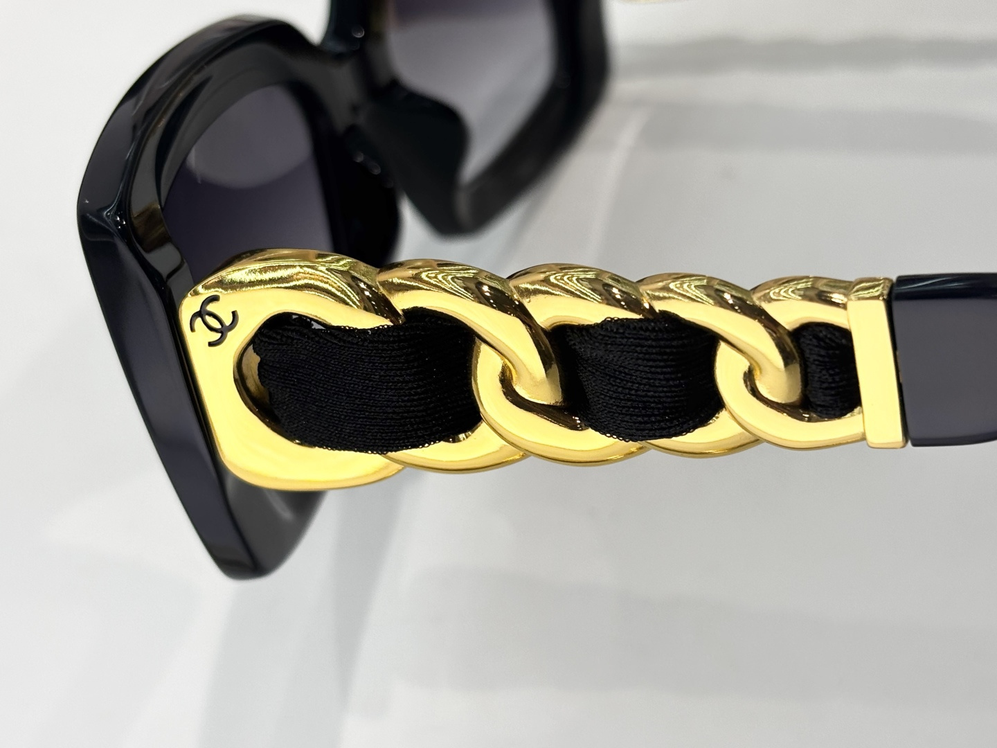Chanel Black Rectangle Sunglasses with Gold-Tone Chain Temples
