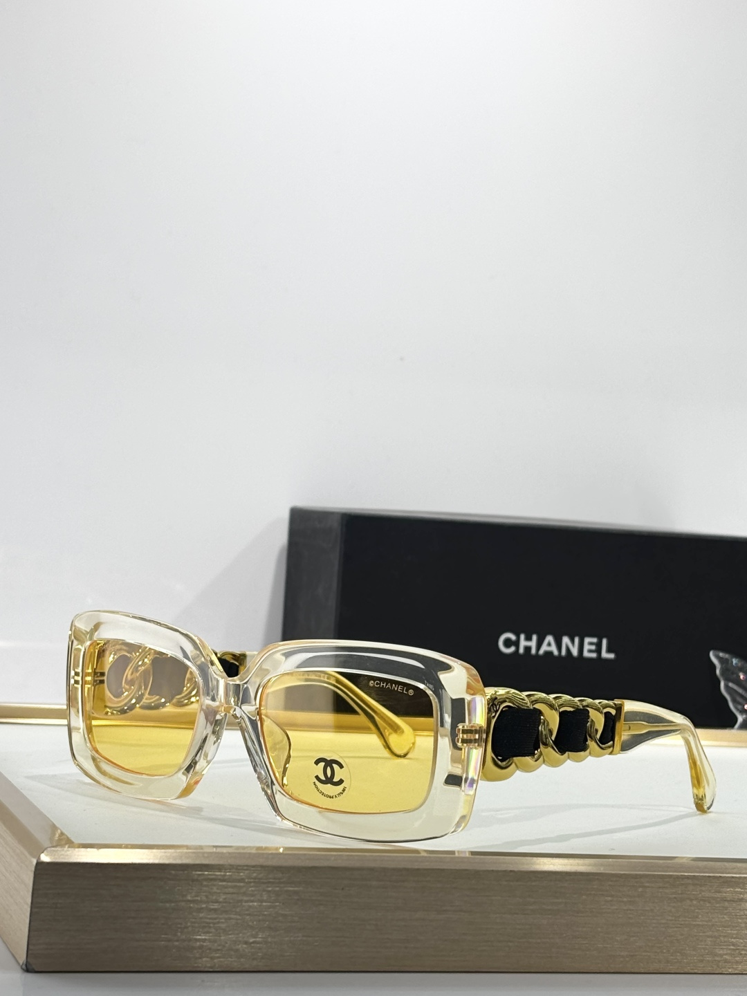 Chanel Luxury Square Sunglasses with Gold Chain Link Detail