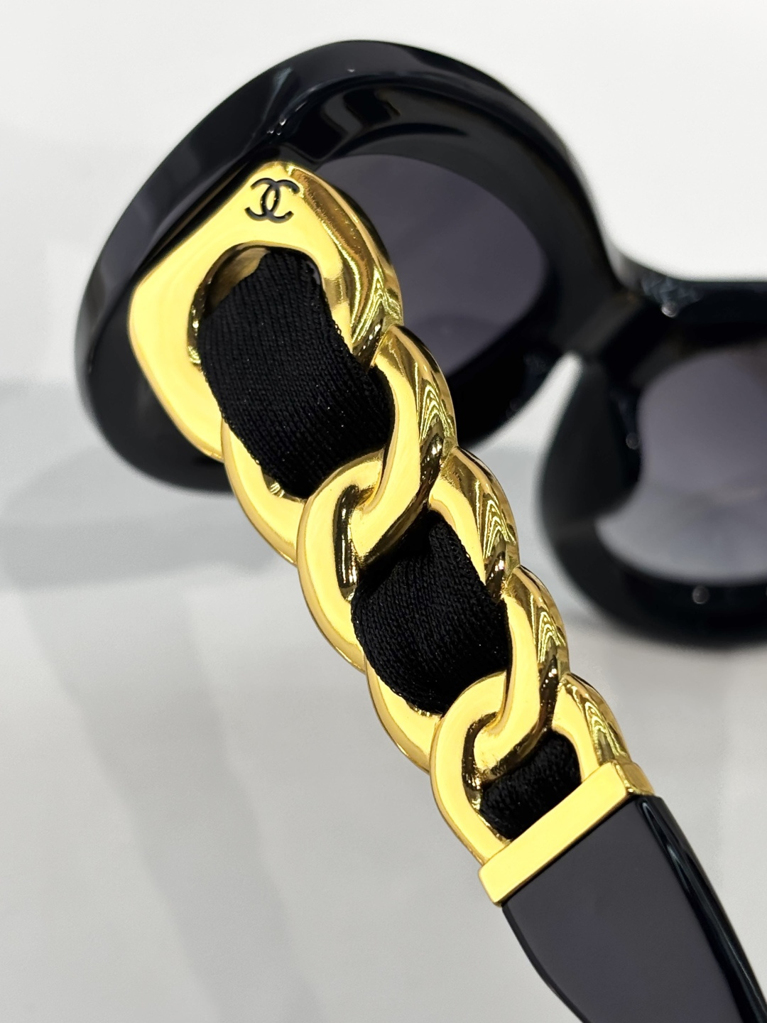 Chanel Black Oval Sunglasses with Chain & Silk Ribbon Detail
