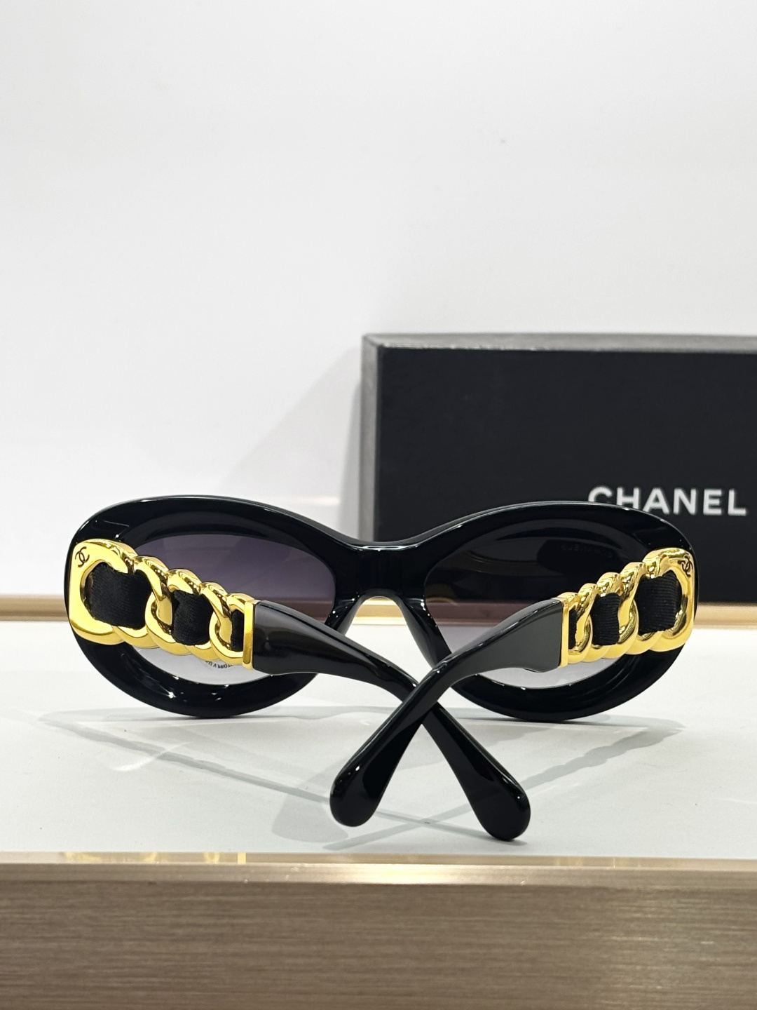 Chanel Black Oval Sunglasses with Chain & Silk Ribbon Detail