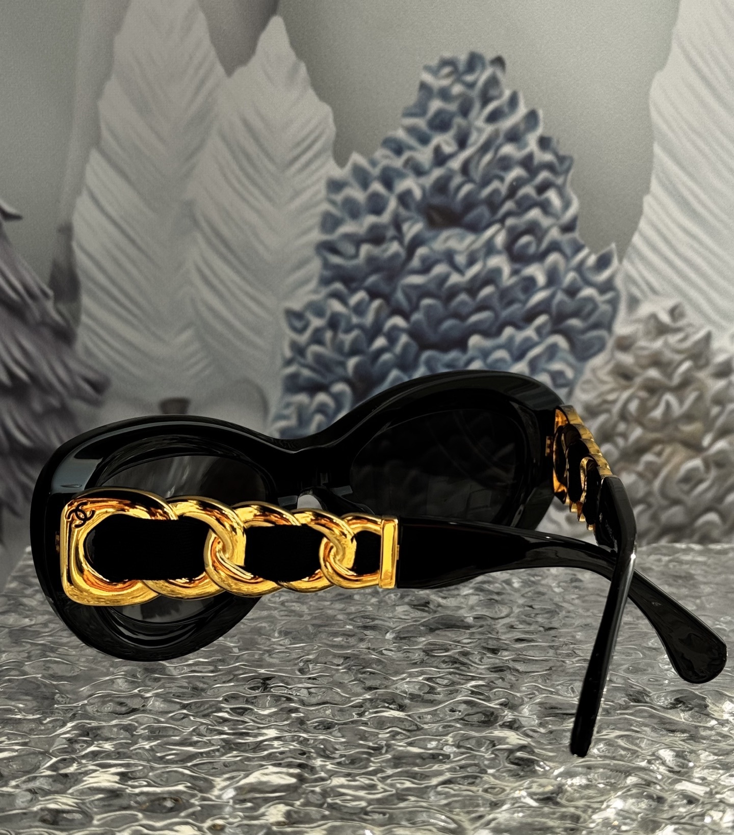 Chanel Luxury Oval Sunglasses – Black with Gold Chain Detail