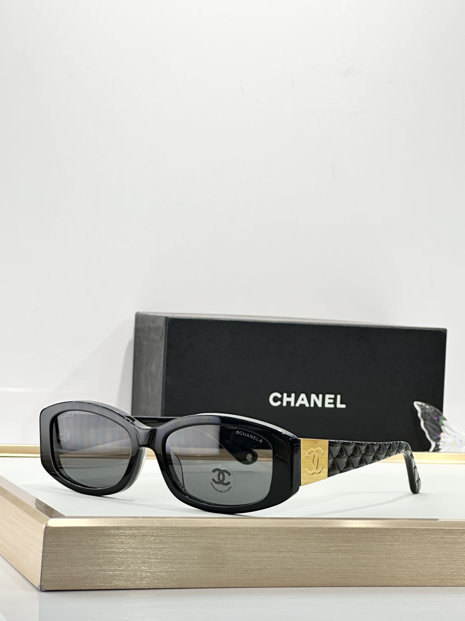 Chanel Quilted Rectangular Sunglasses with Gold CC Logo – Black