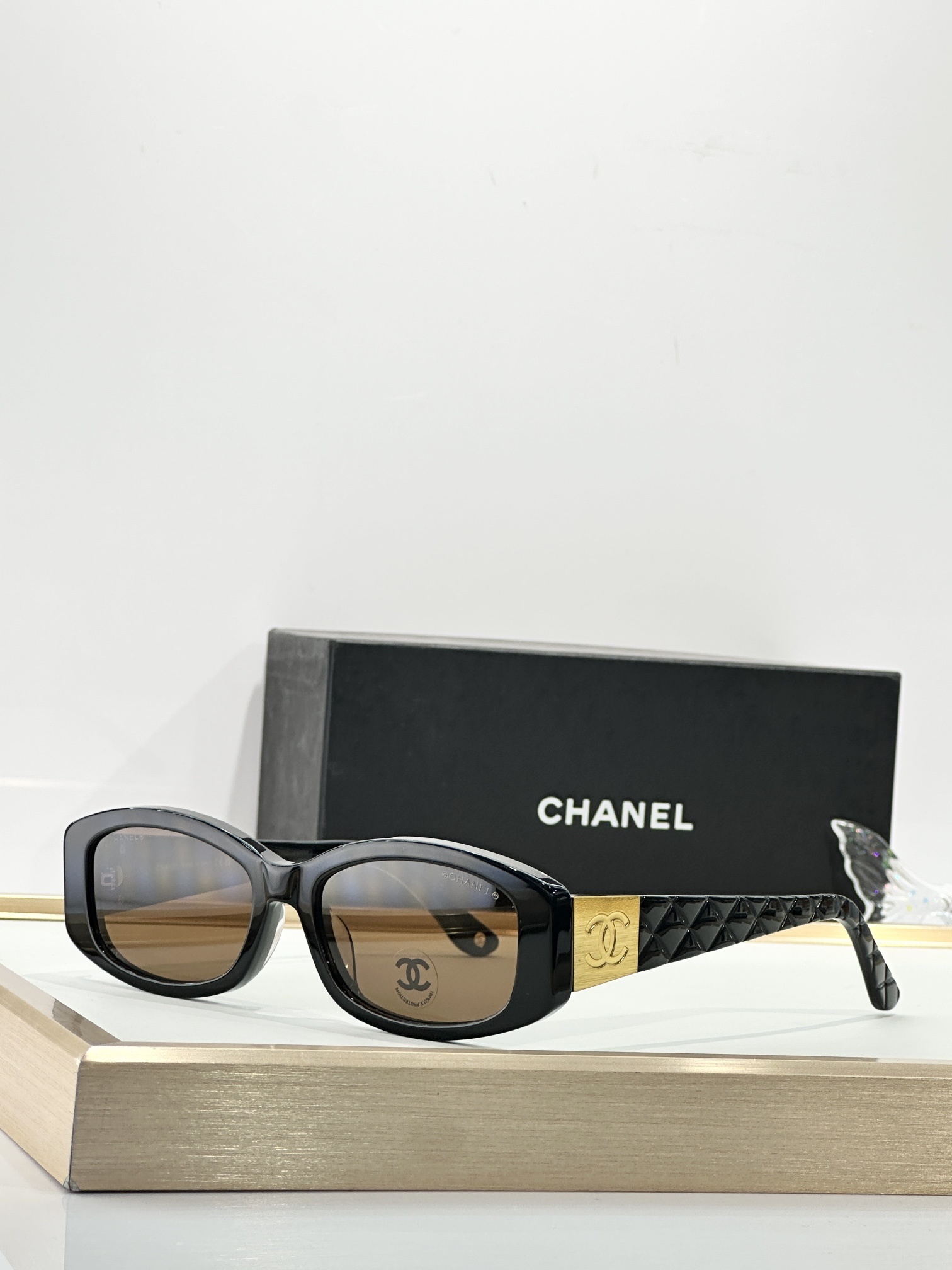 Chanel Quilted Rectangular Sunglasses with Gold CC Logo – Black