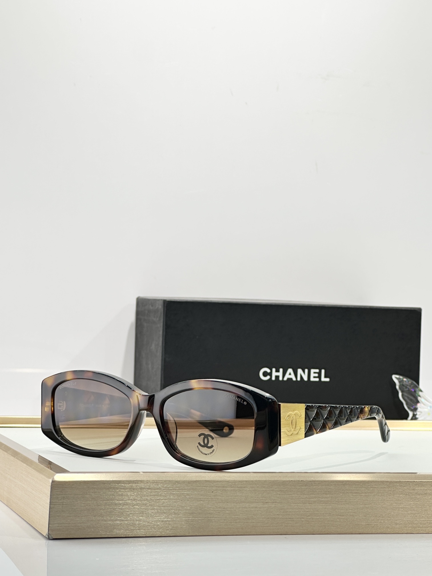 Chanel Quilted Rectangular Sunglasses with Gold CC Logo – Black