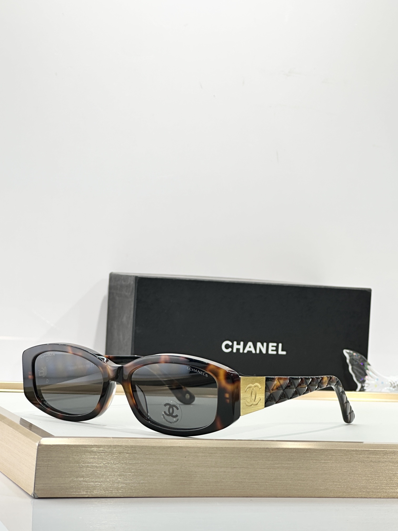 Chanel Quilted Rectangular Sunglasses with Gold CC Logo – Black