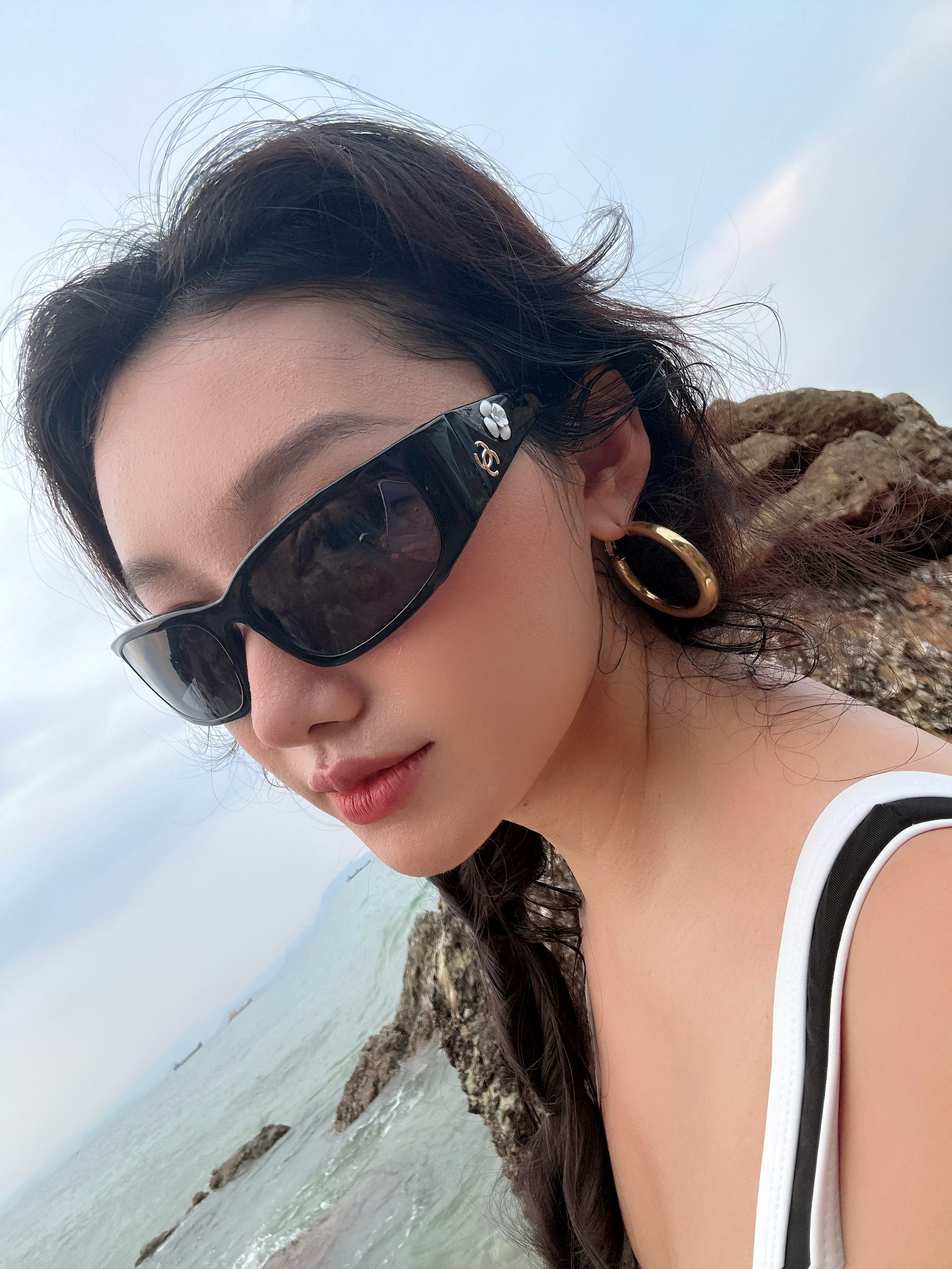 Elegant Retro Black One-Piece Swimsuit with White Trim & Buttons