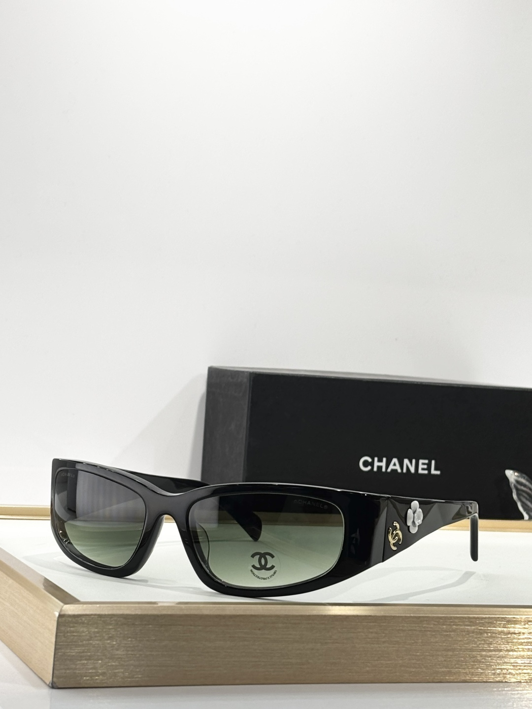Chanel Camellia Flower Black Rectangular Sunglasses with Gold CC