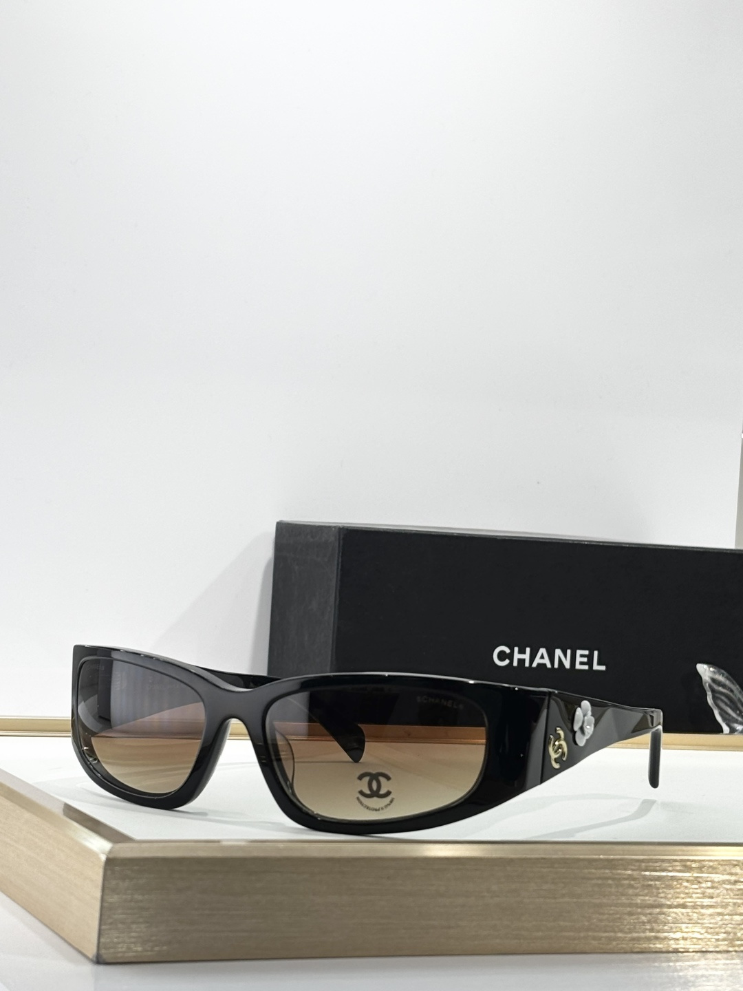 Chanel Camellia Flower Black Rectangular Sunglasses with Gold CC