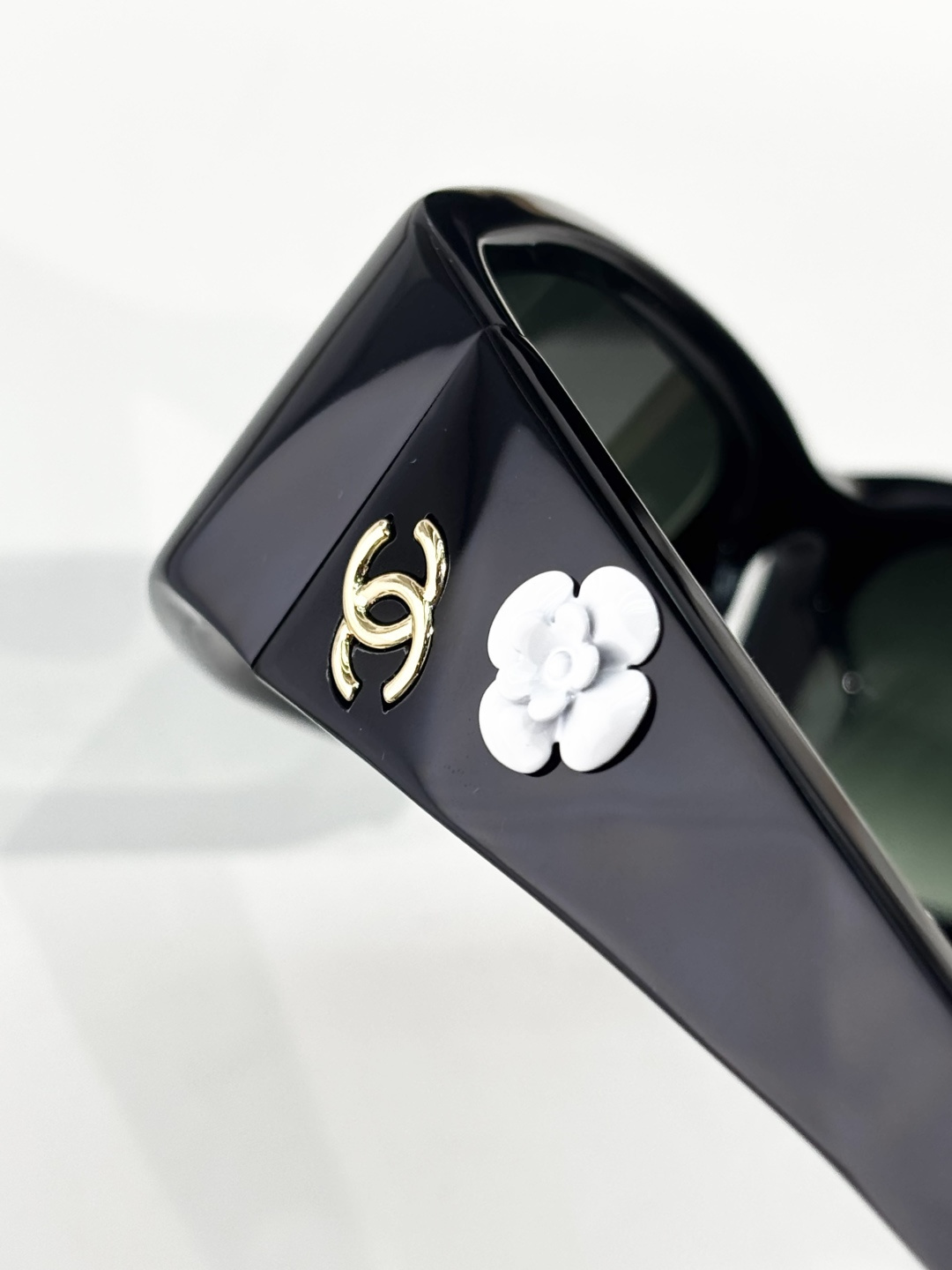 Chanel Camellia Flower Black Rectangular Sunglasses with Gold CC