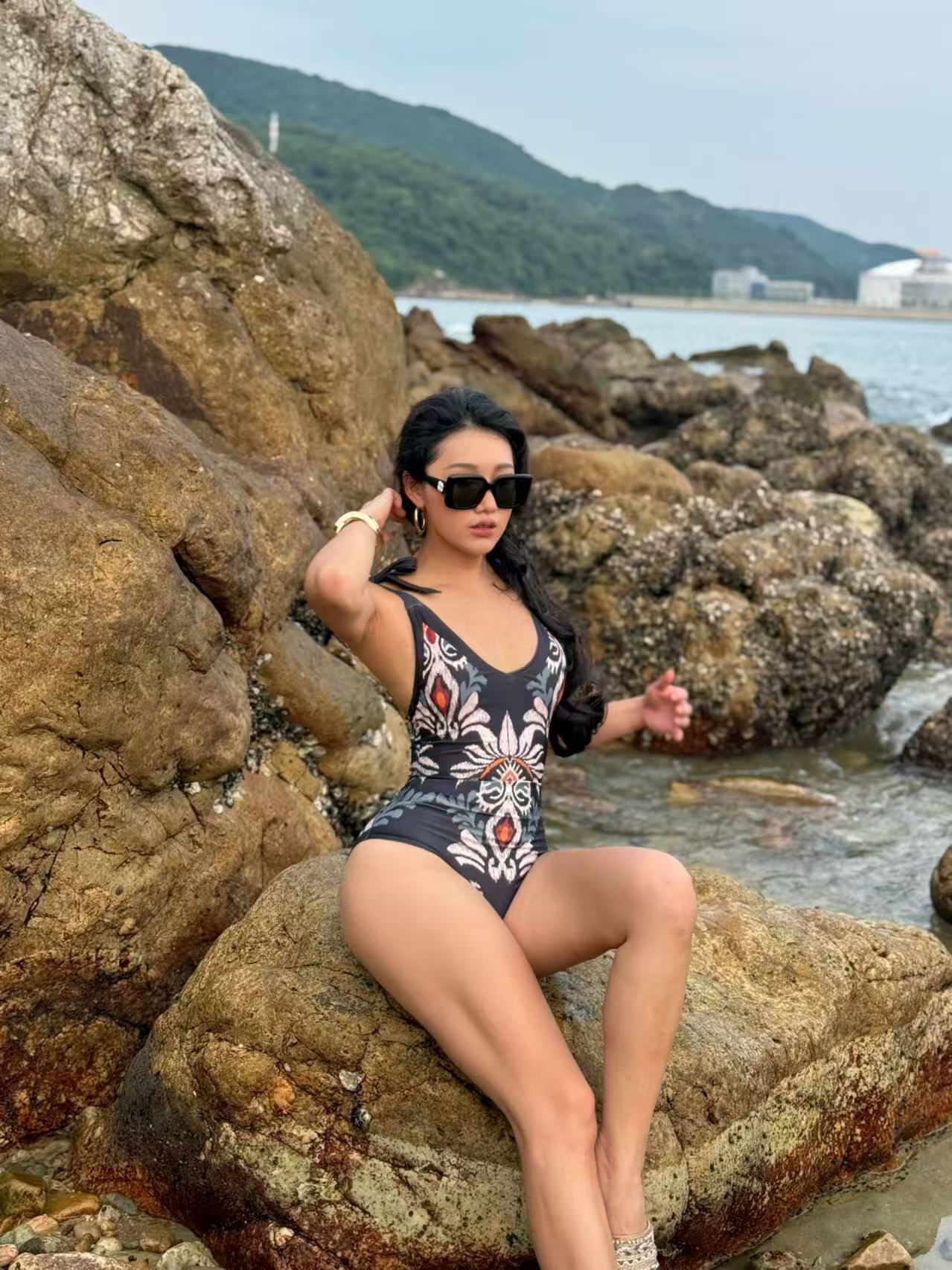 Vintage Tribal Print One-Piece Swimsuit with Adjustable Tie Straps