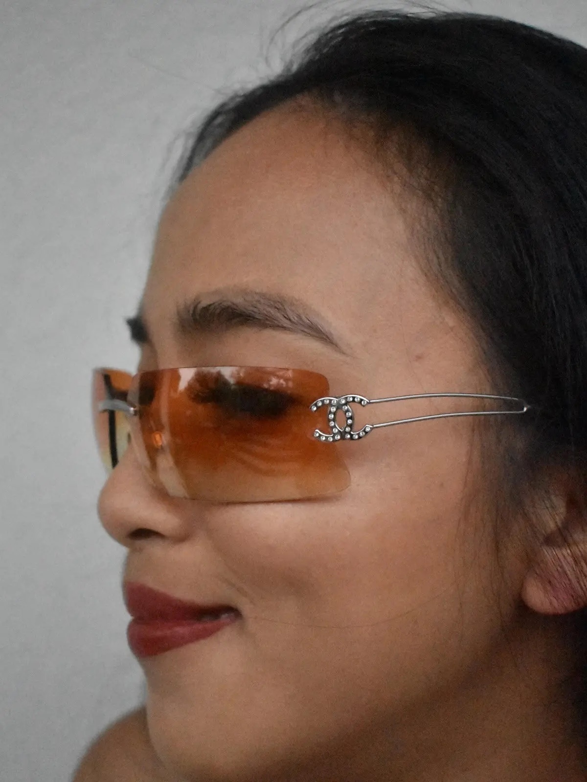 Luxury Chanel Y2K Rimless Sunglasses Rhinestone CC Logo Brown Gradient
