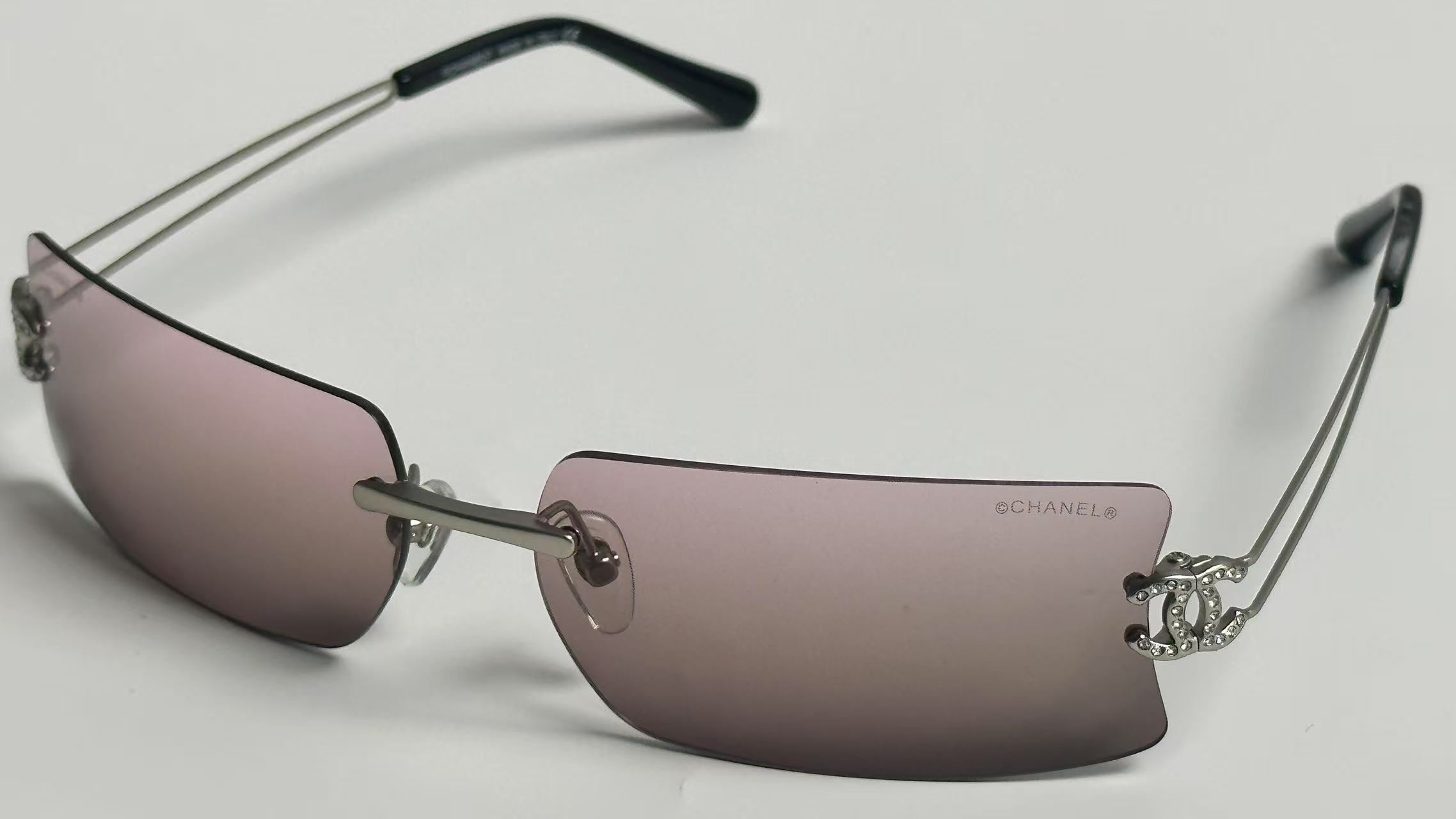 Luxury Chanel Y2K Rimless Sunglasses Rhinestone CC Logo Brown Gradient