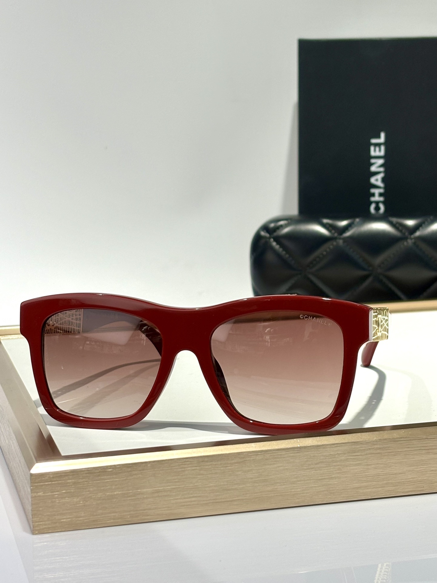 Chanel Square Sunglasses in Burgundy Acetate with Gold Metal