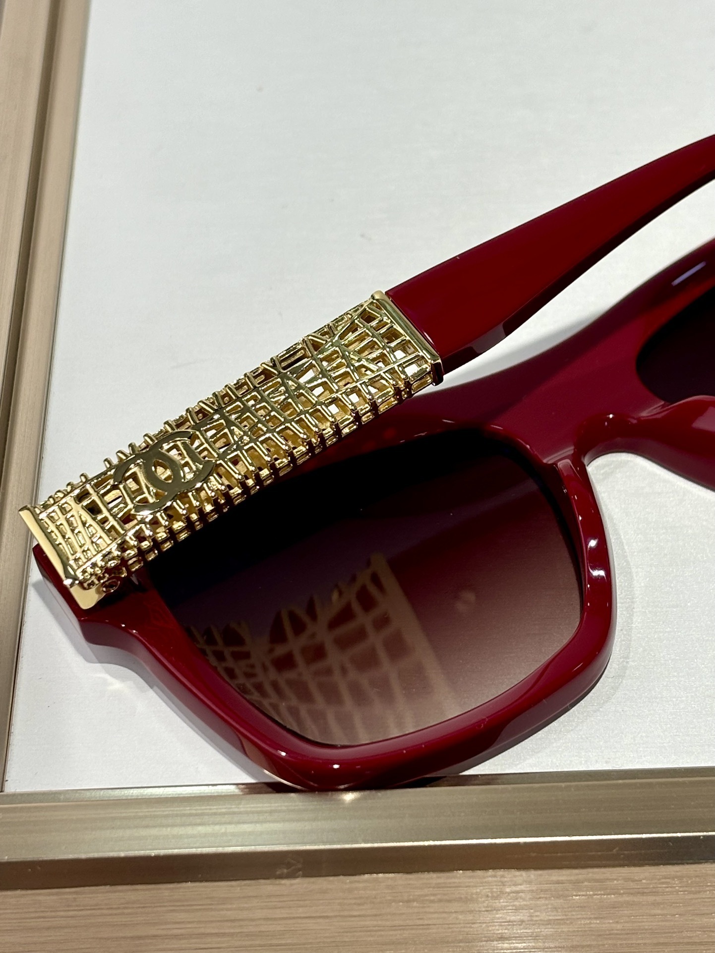 Chanel Square Sunglasses in Burgundy Acetate with Gold Metal