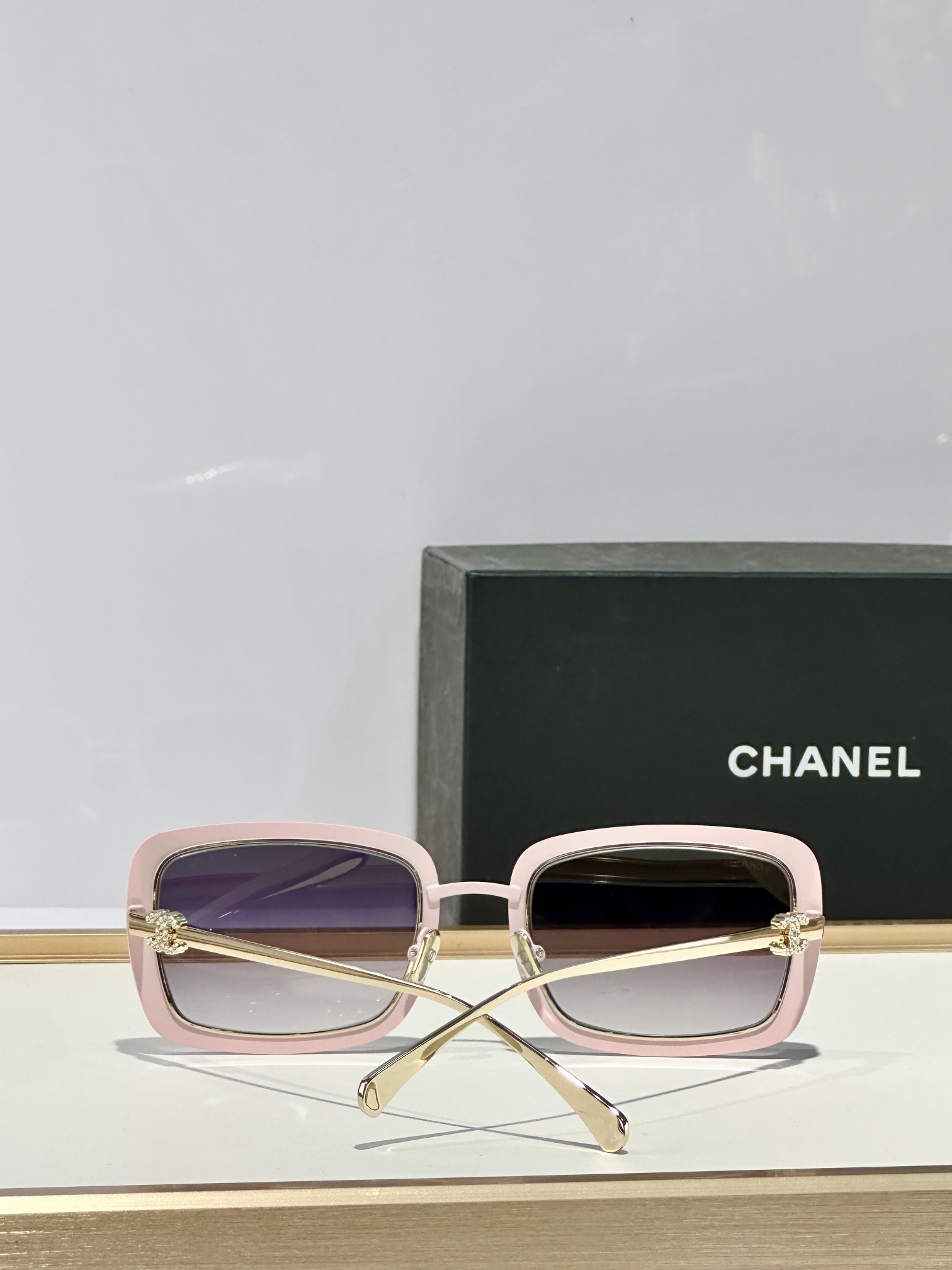 Chanel Light Pink Rectangular Sunglasses with Gold CC Logo