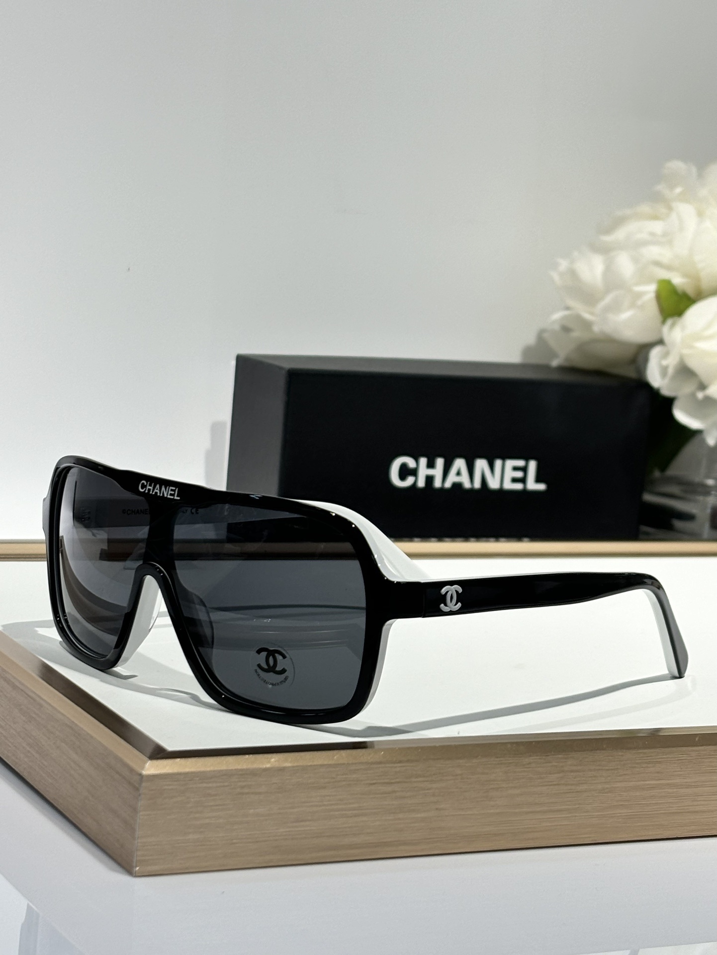 Chanel Shield Sunglasses 9158 C513/S4 Black White Grey Lenses