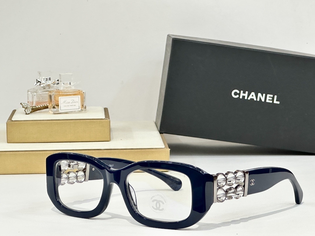 Chanel Luxury Rectangular Eyeglass Frames with Crystal Temples