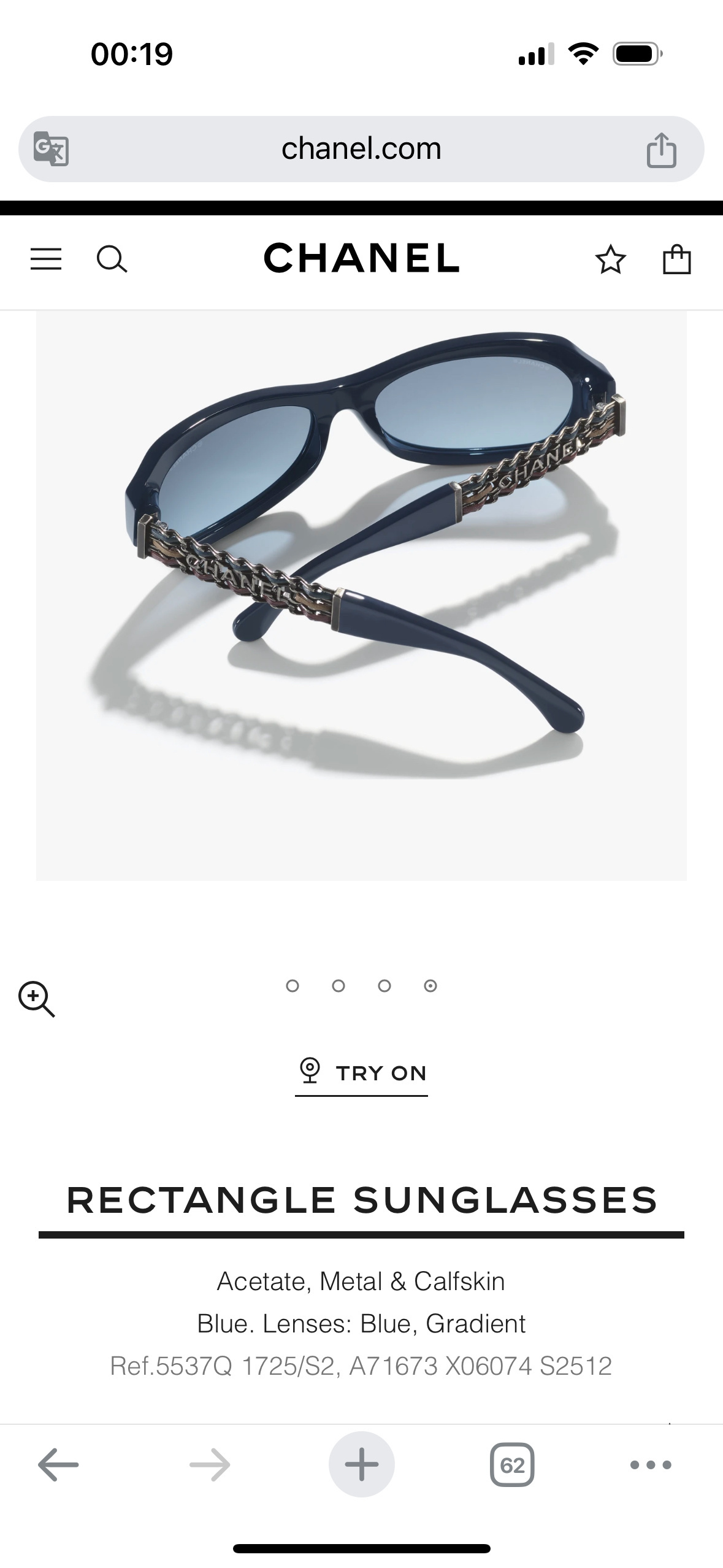 Chanel Rectangle Sunglasses – Blue Acetate with Calfskin & Metal