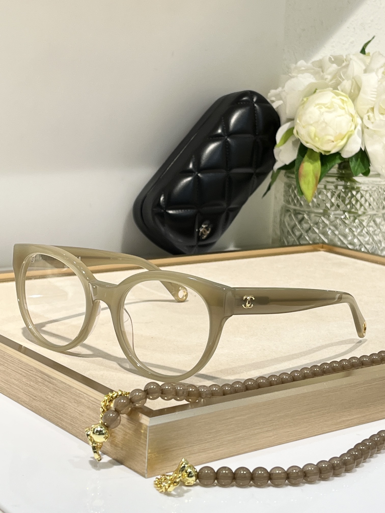 Chanel Designer Round Eyeglasses with Beaded Chain Accessory